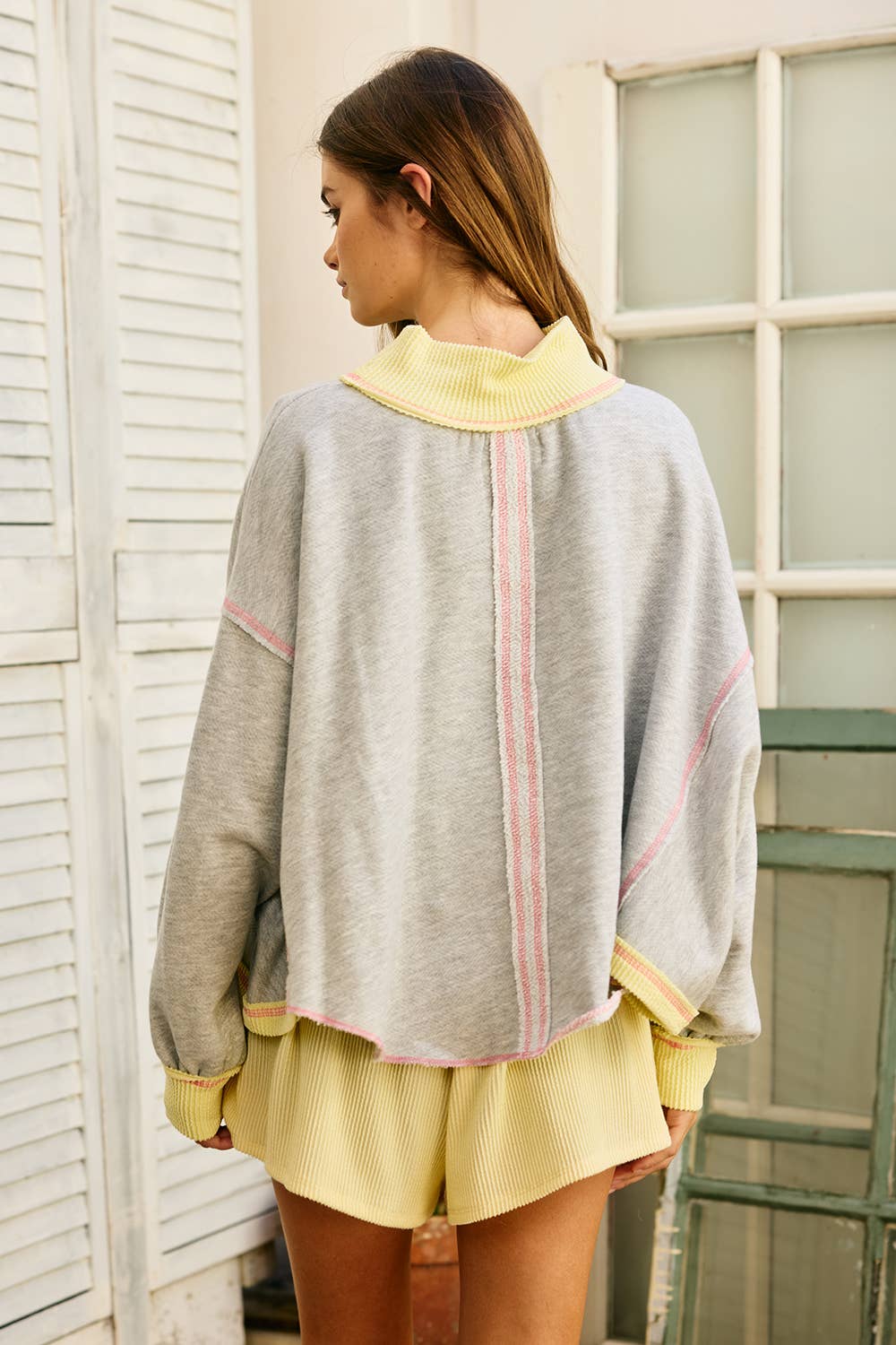 Ribbed Collared Cape Sweatshirt: Yellow