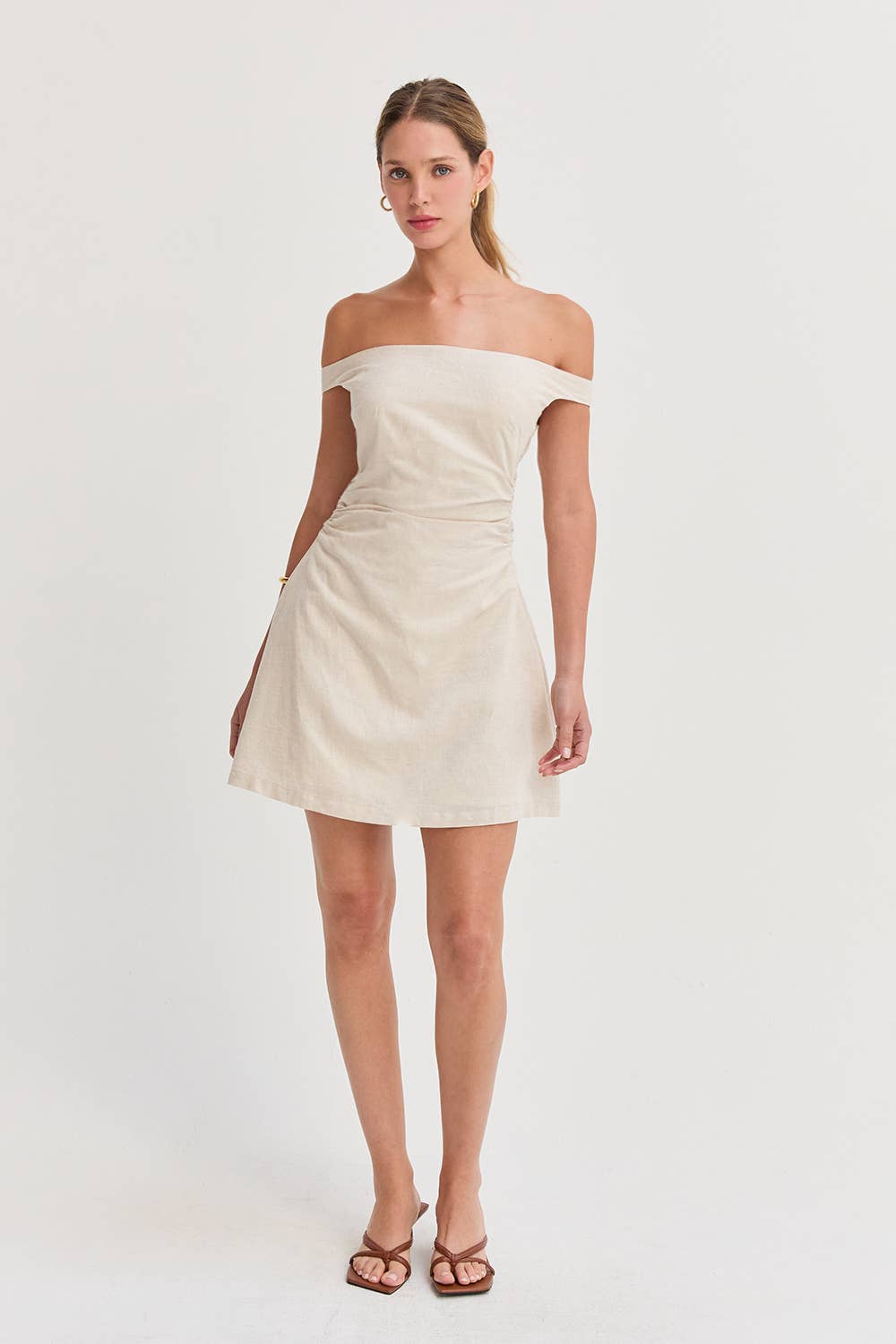 Off Shoulder Ruched Mini Dress: Oat