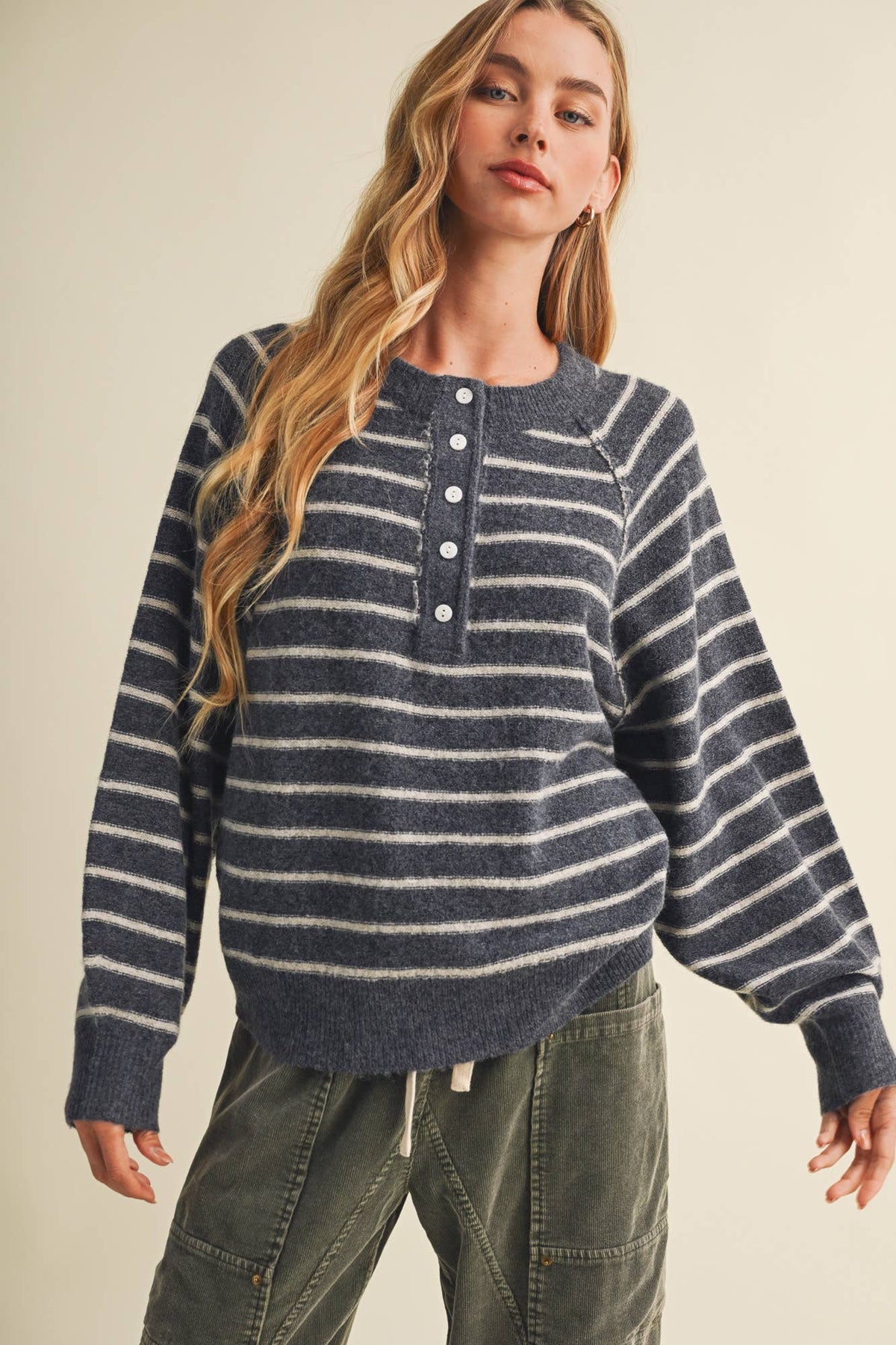 Placket Stripe Pullover: Indigo