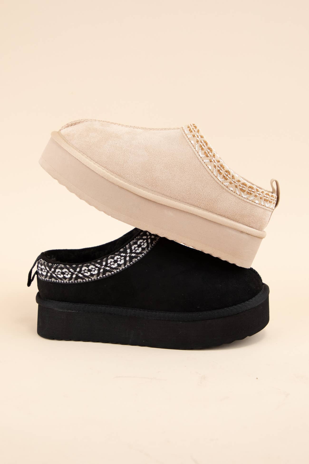Sherpa Fur Lined Slip-Ons: Beige