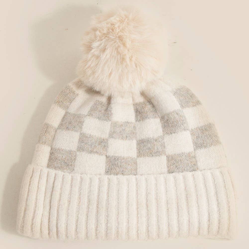 Checkered Pom Beanie Ivory