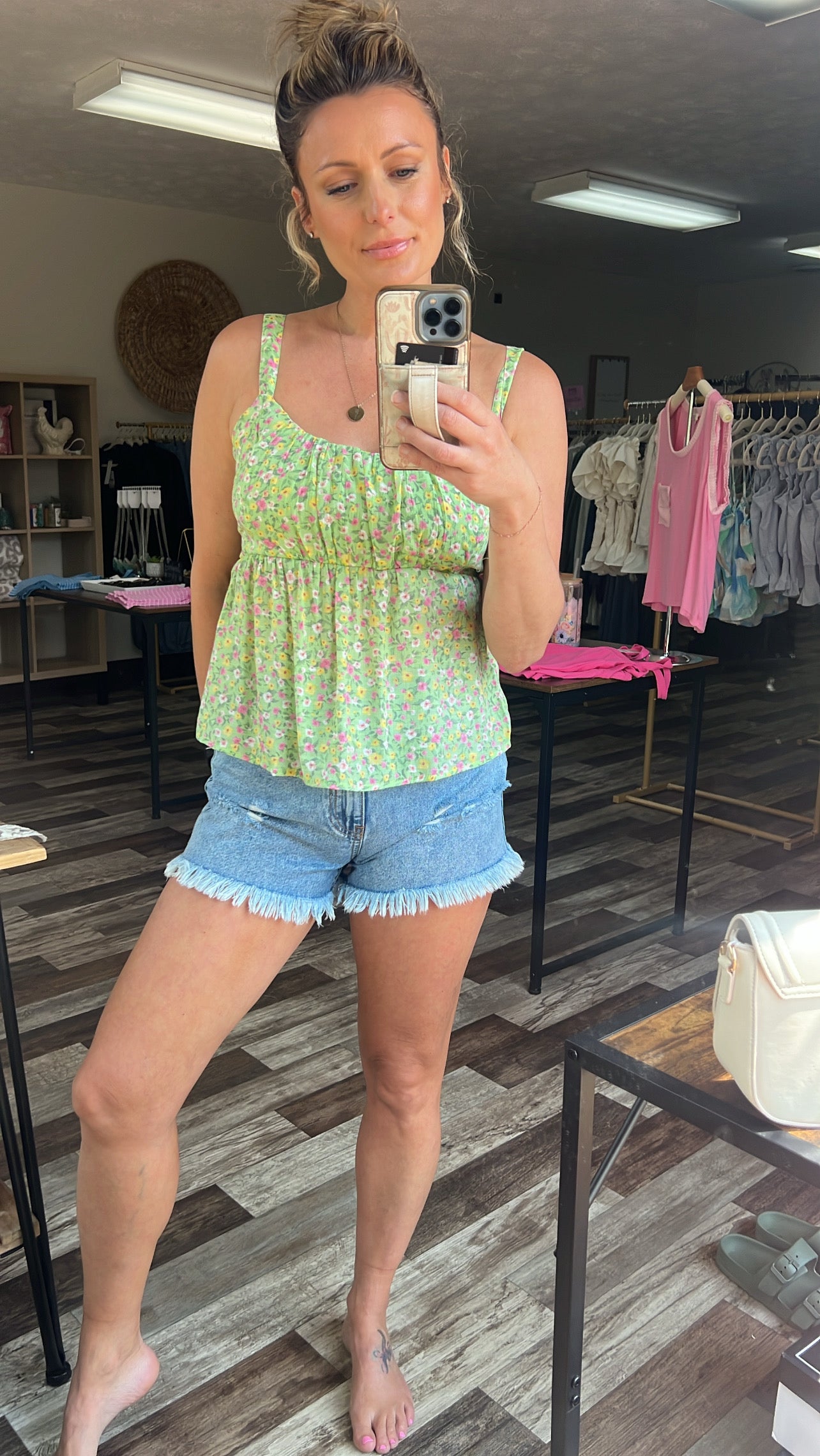 BABYDOLL TANK TOP: GREEN MULTI