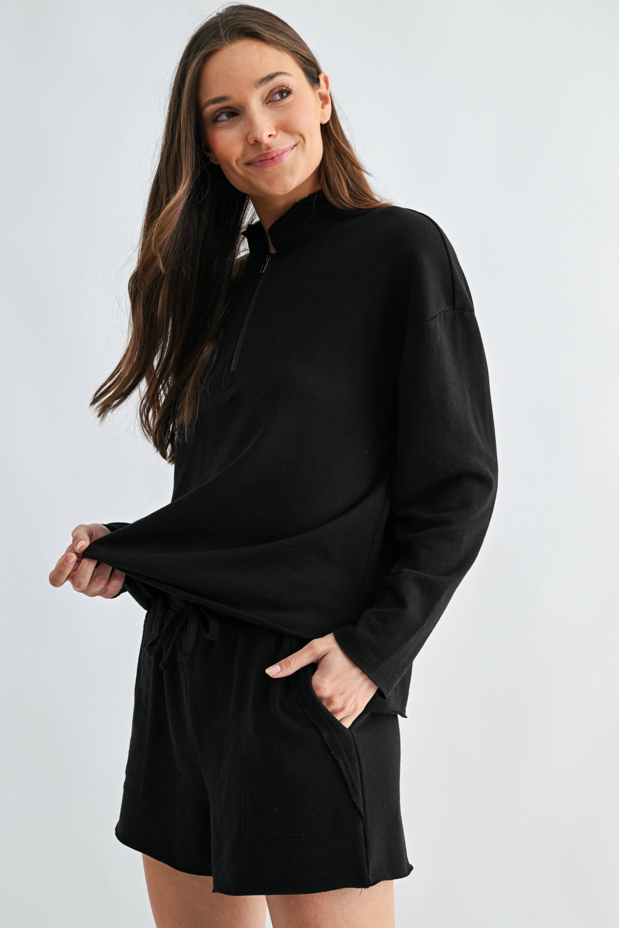 Raw Edge Half-Zip Set: Black