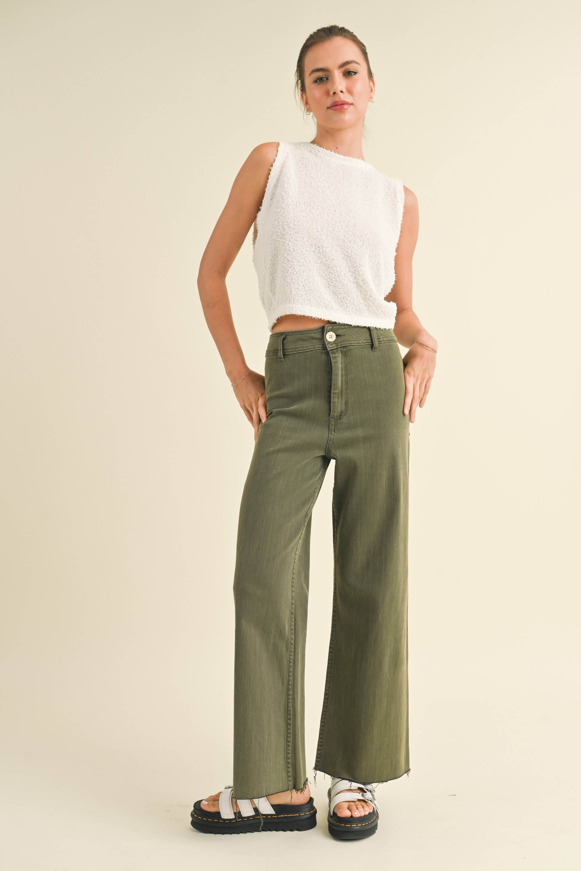 Wide Leg Denim Pants:Olive