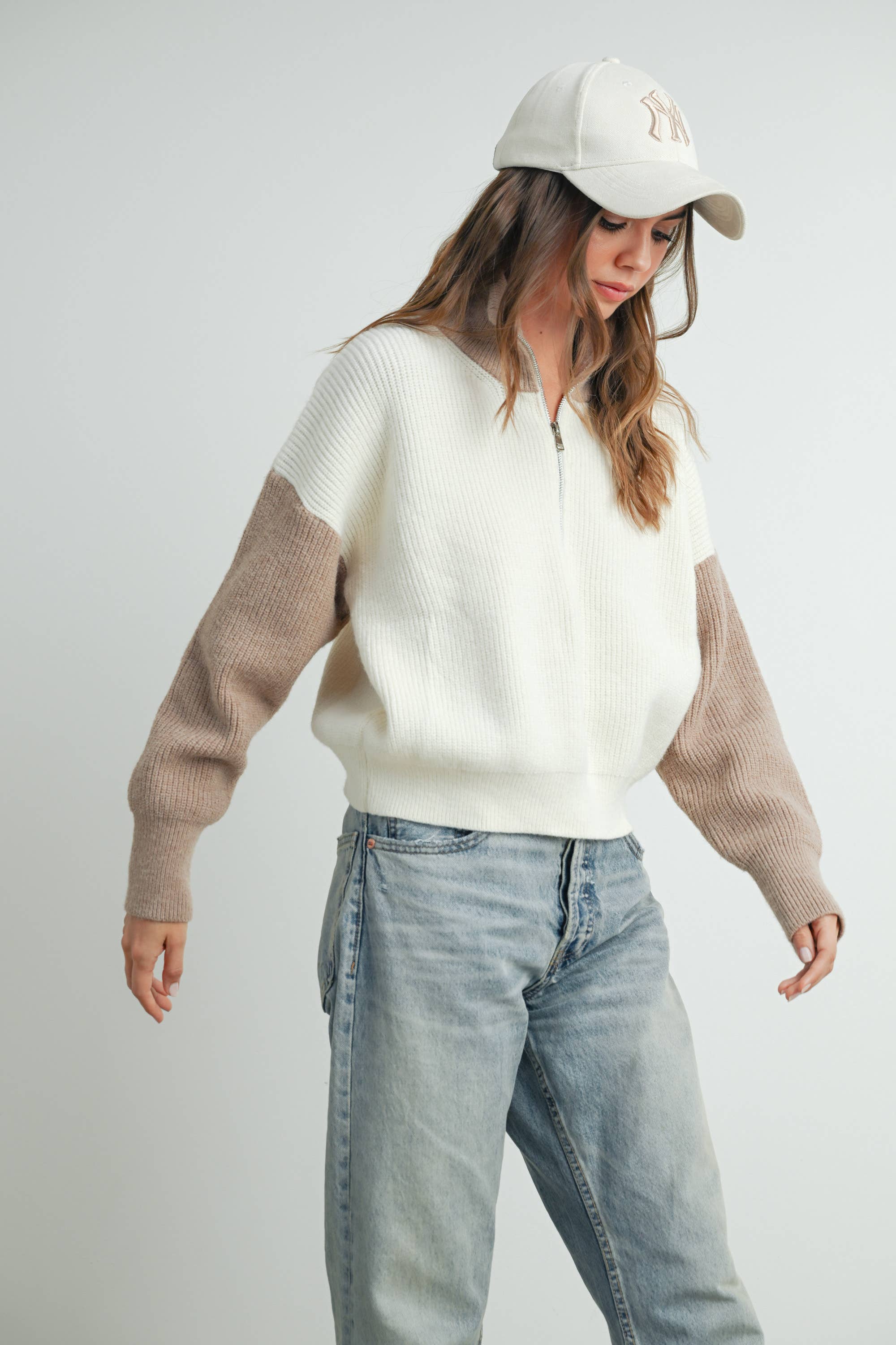Color Block Pullover-Ivory/Taupe
