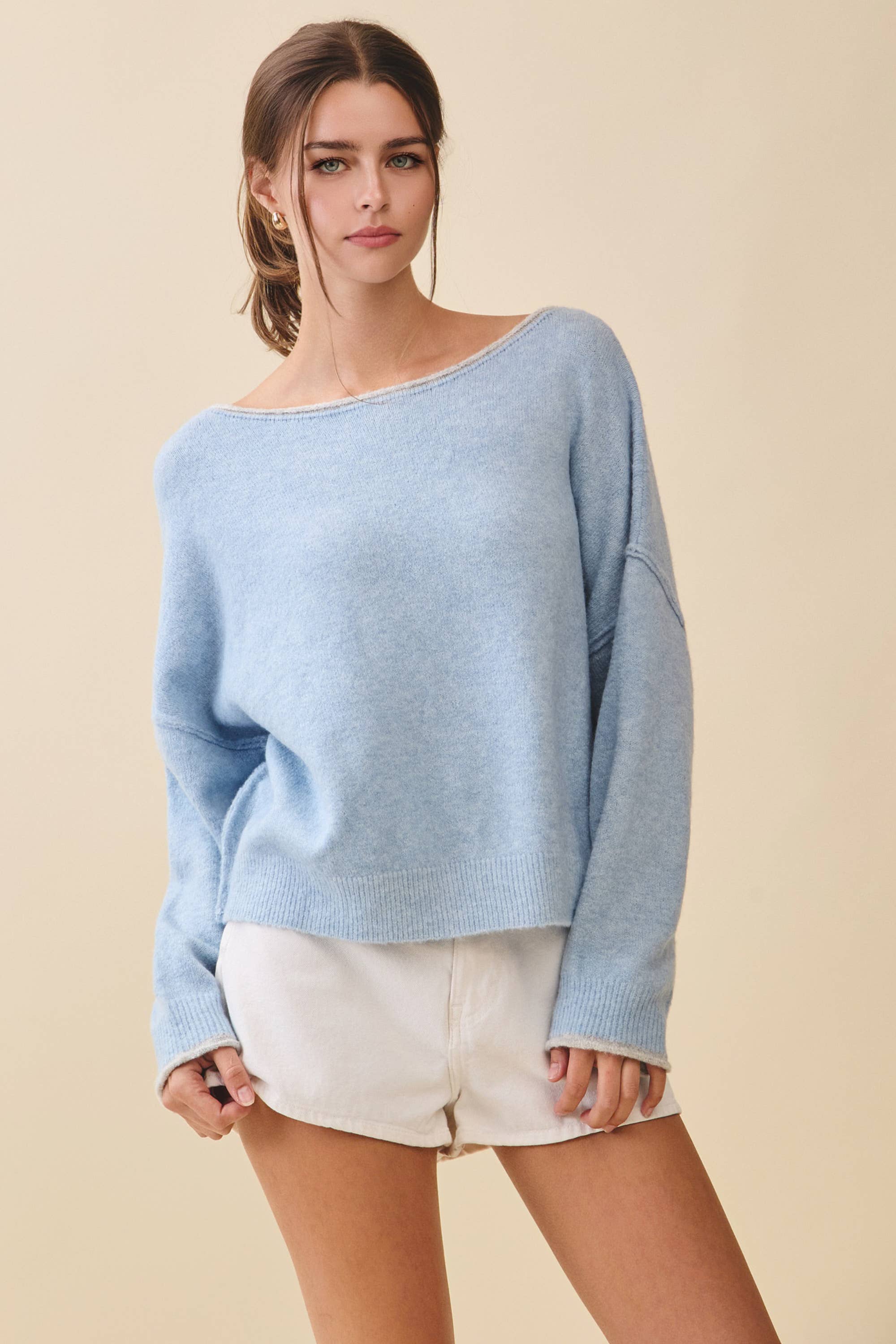 Relaxed Fuzzy Knit Pullover: Blue