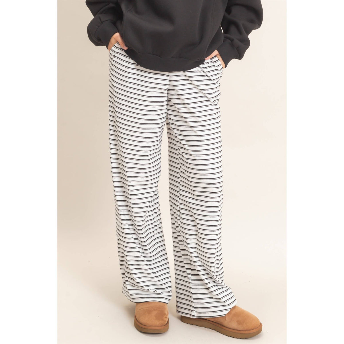 Striped Elastic Waist Pants: White