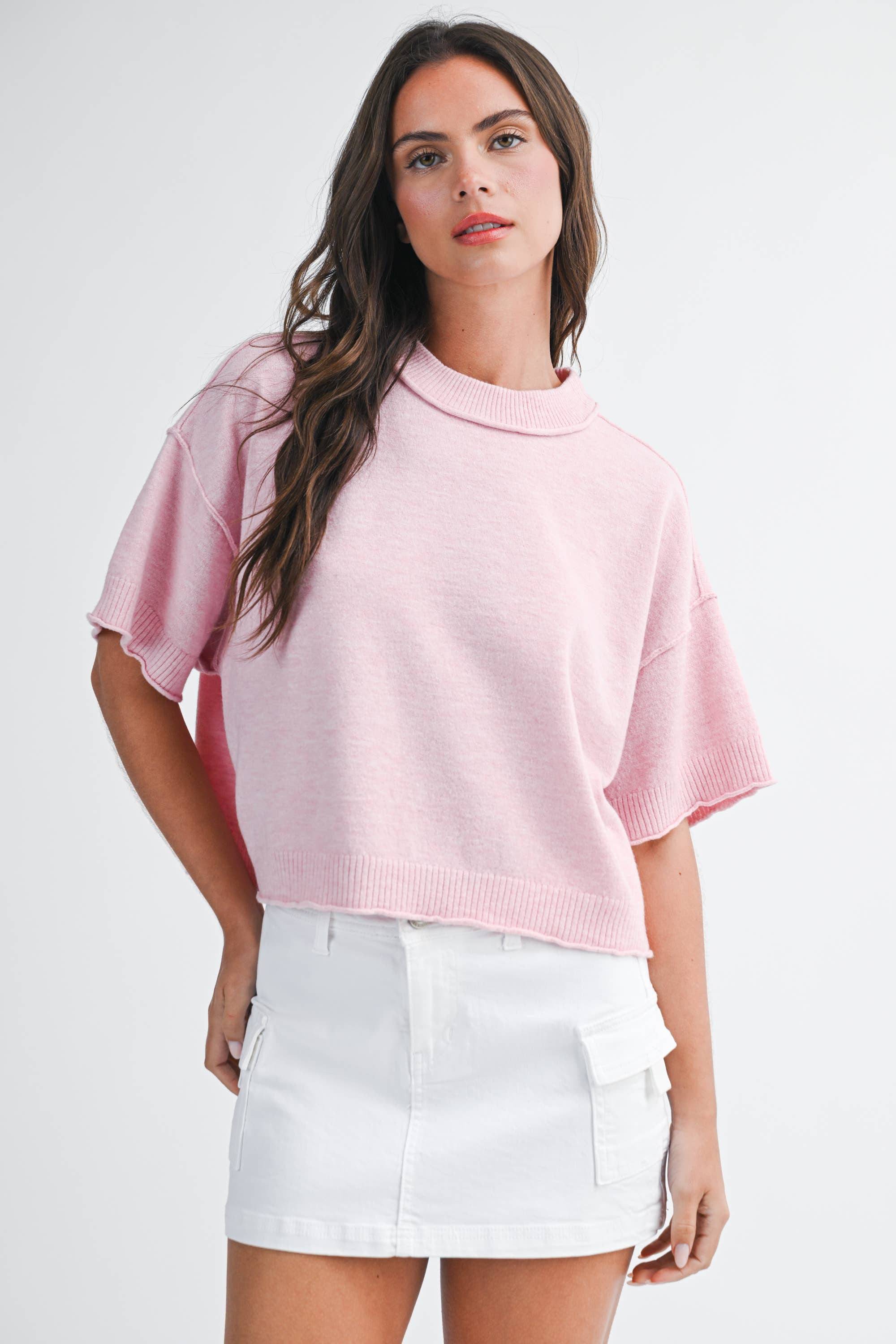 Cropped Short Sleeve Sweater:Pink