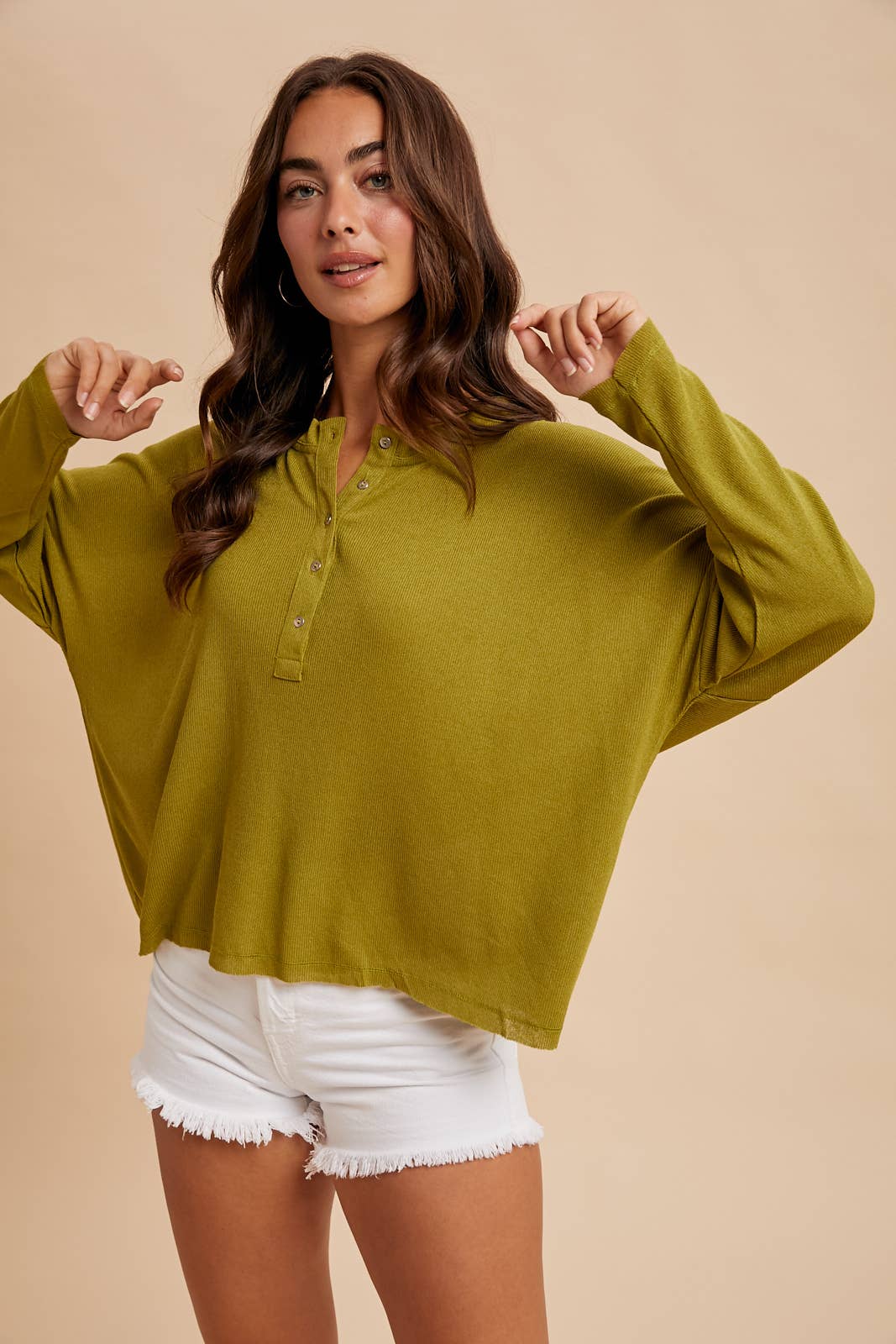 Raw Edge Henley Top: Olive Citron
