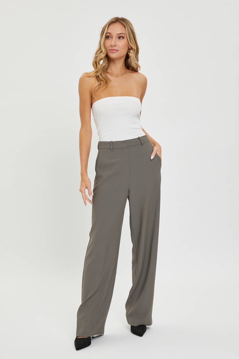 High Rise Trousers:Taupe/Grey