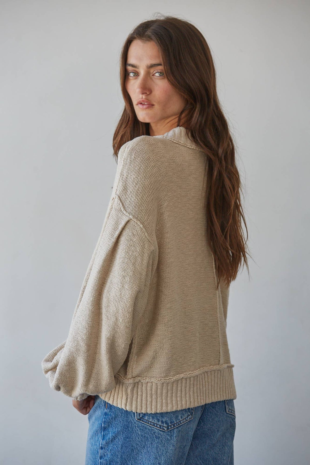 Knit Balloon Sleeve Cardigan: Sand