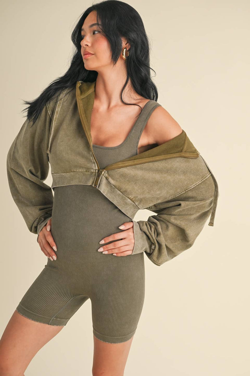 Mineral Wash Crop Hoodie Olive