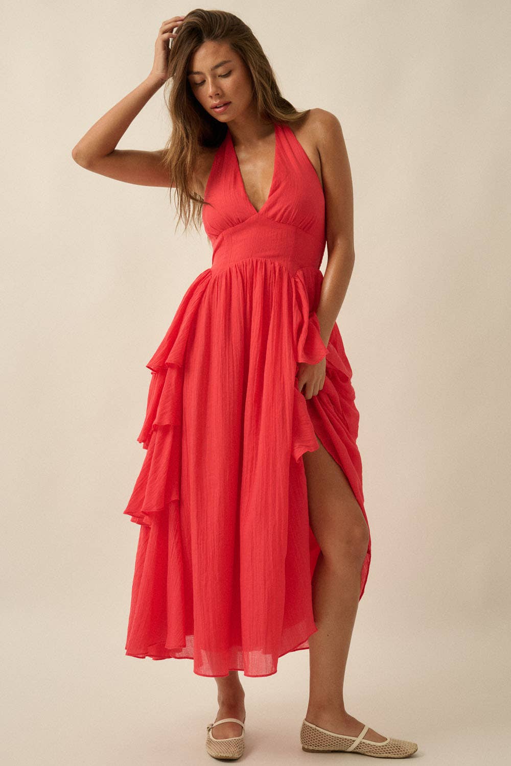 Ruffle Halter Maxi Dress: Cherry Tomato