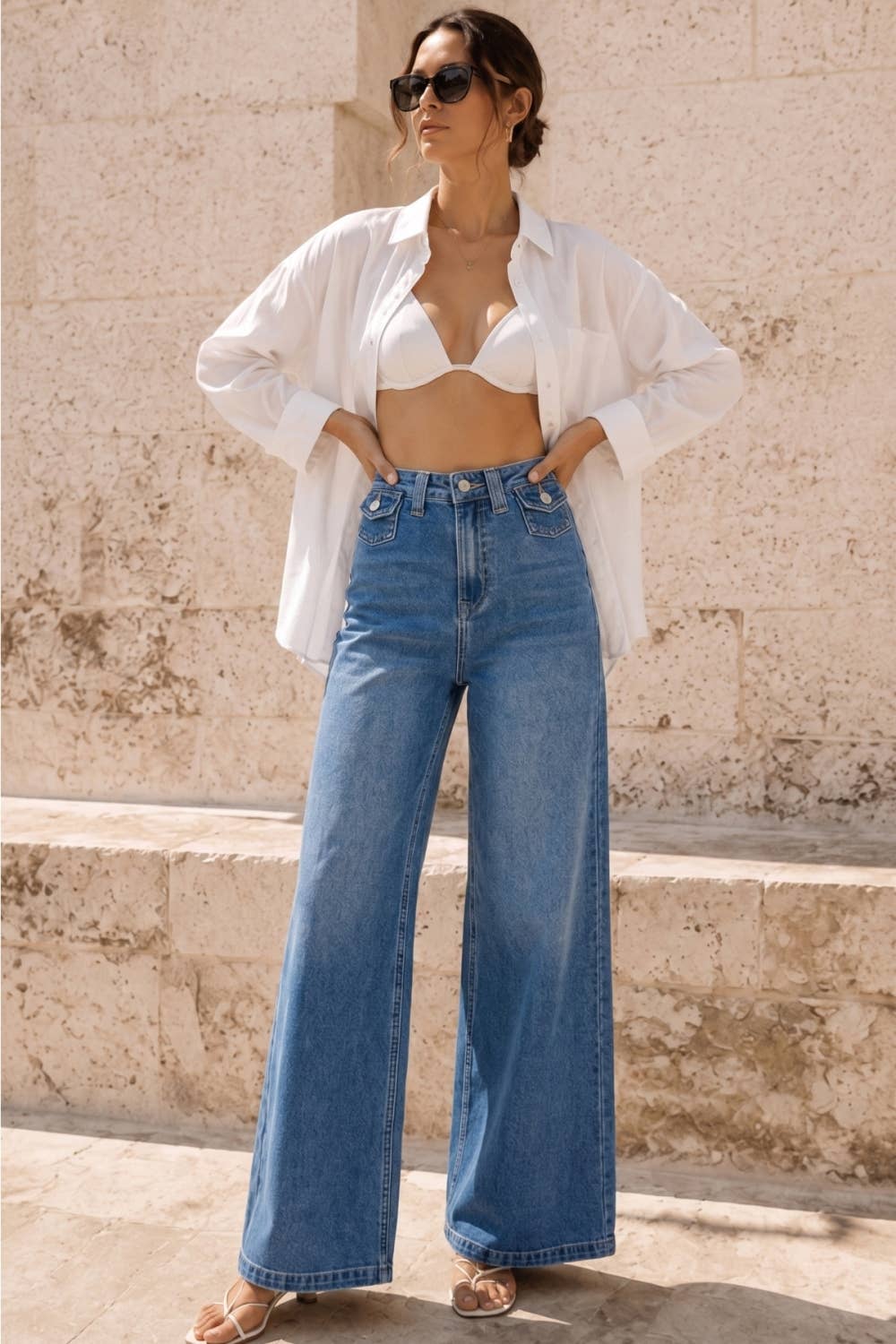 Denim Blue Wide Leg Jeans:
