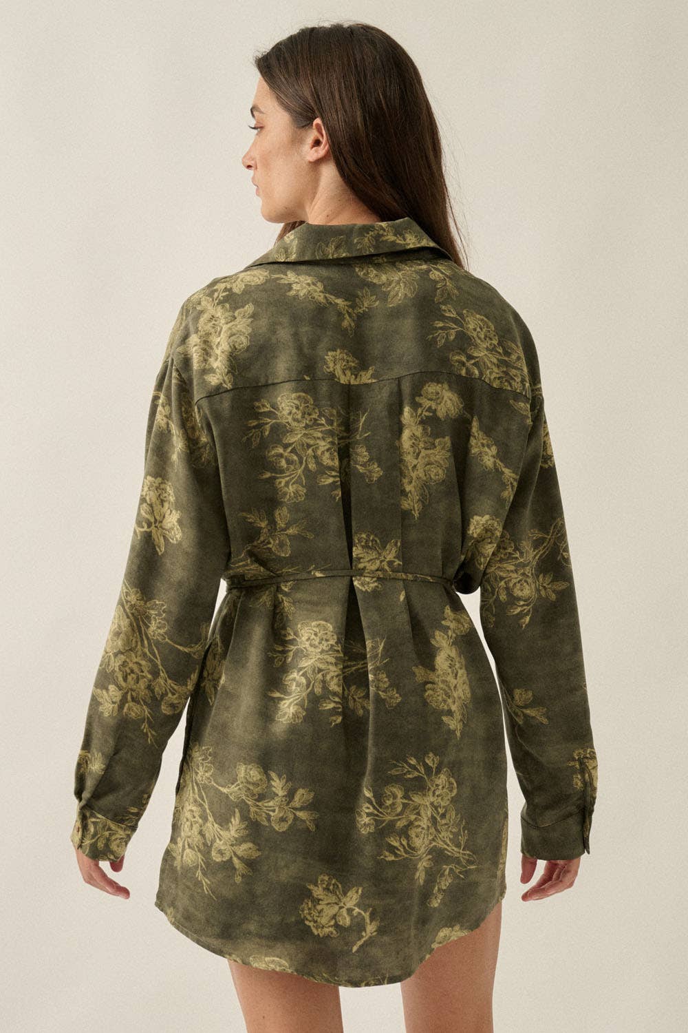 Floral Satin Belted Romper: Olive