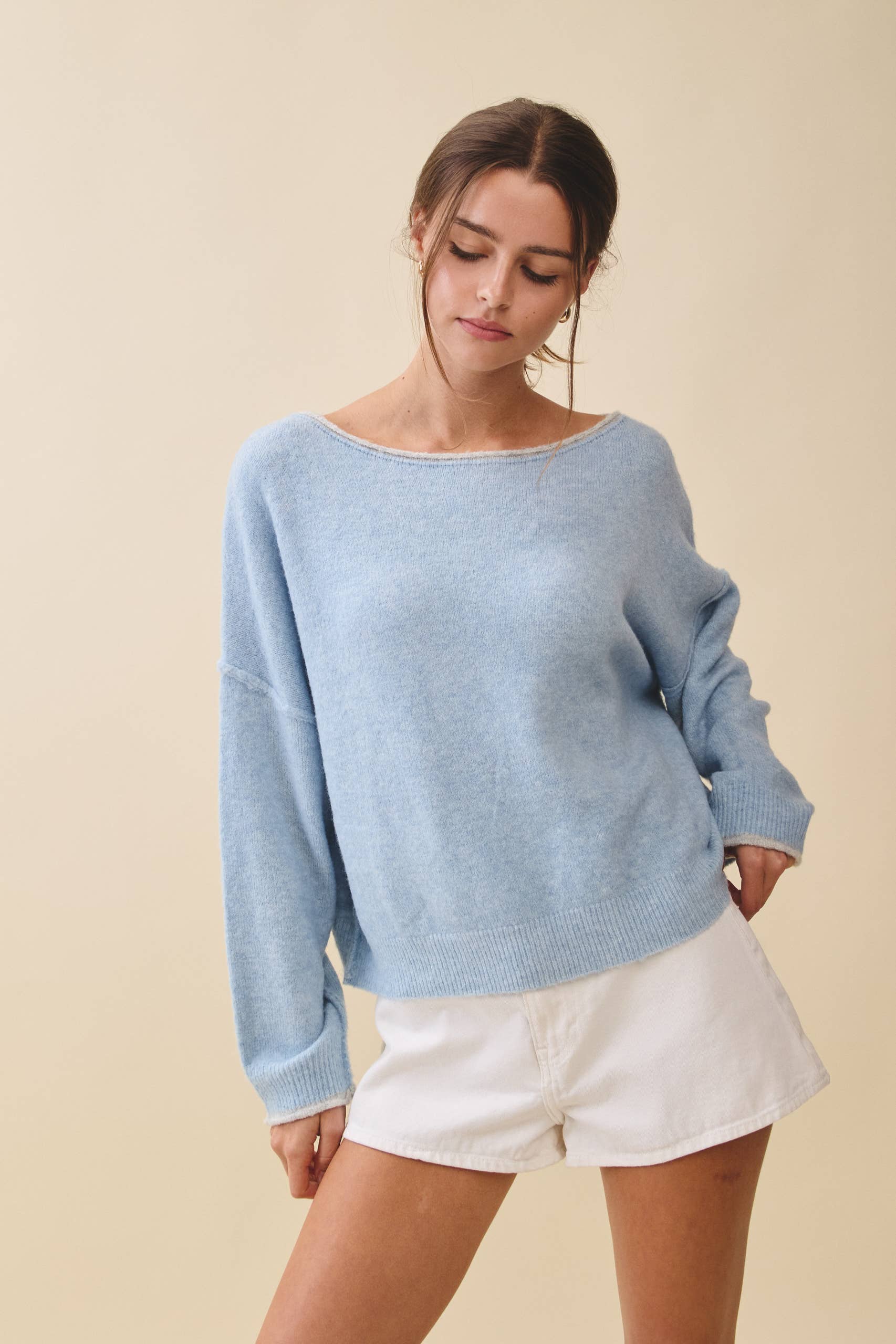 Relaxed Fuzzy Knit Pullover: Blue