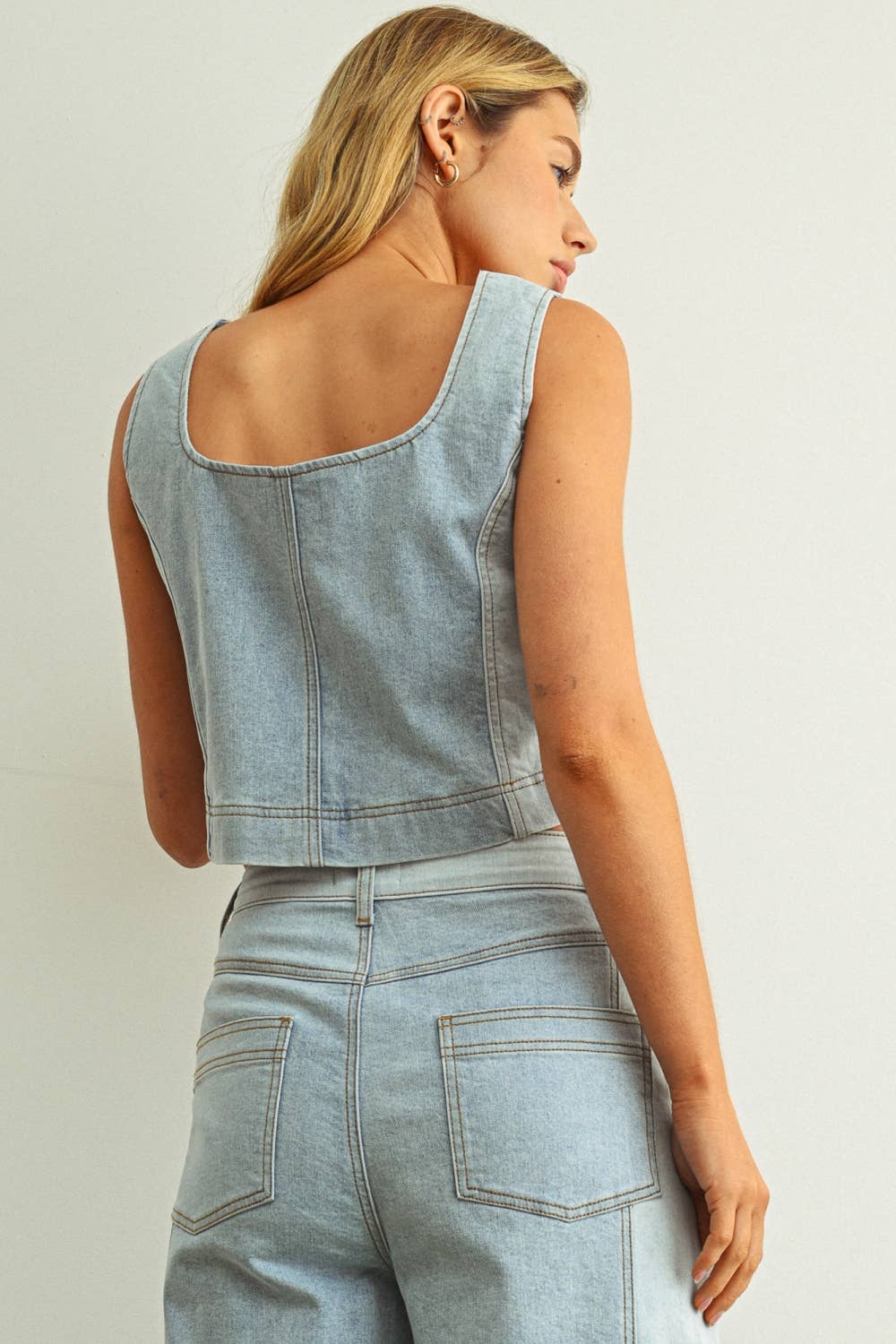 Denim Color Blocked Top: