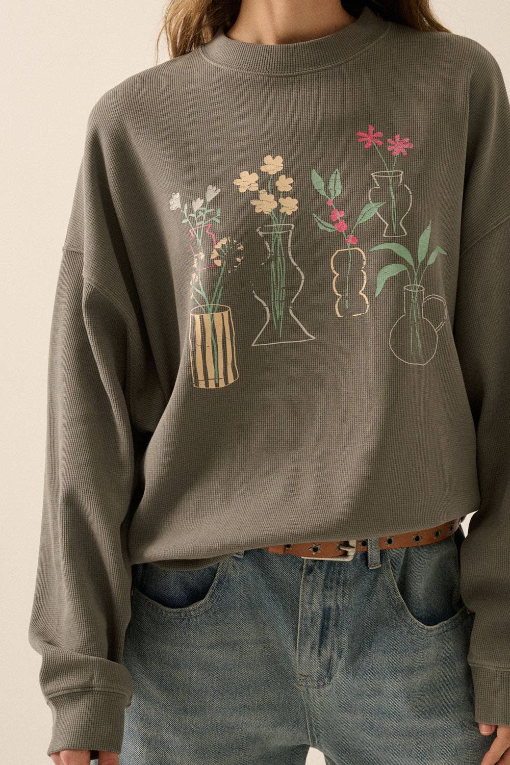 Floral Vases Graphic Top: Charcoal