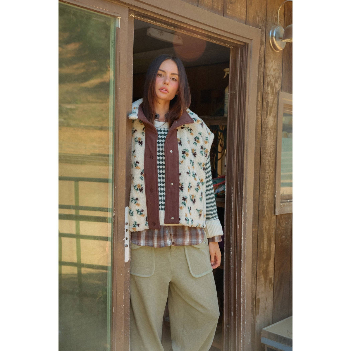 Floral Sherpa Corduroy Vest: Brown