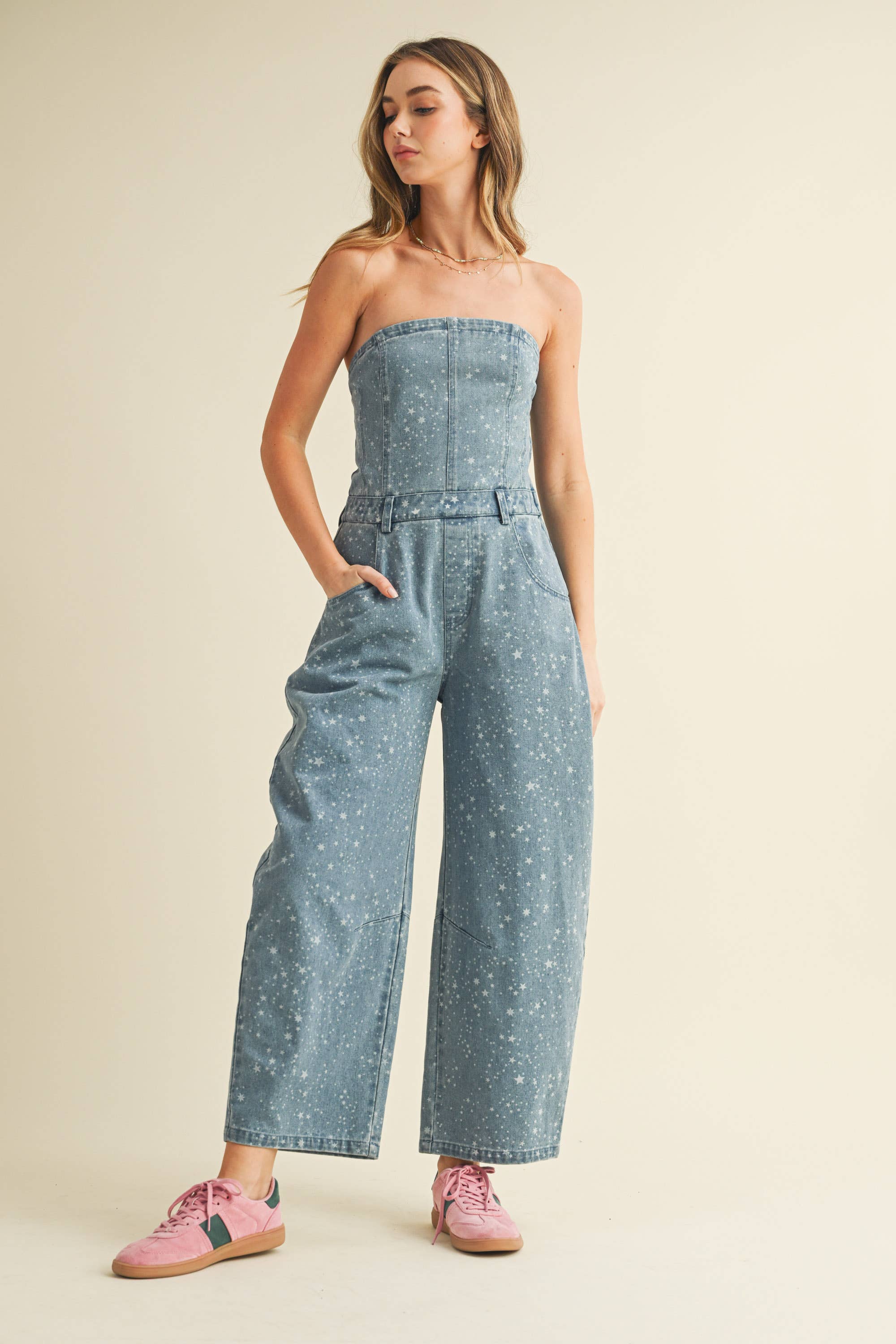 Star Print Barrel Jumpsuit: Denim
