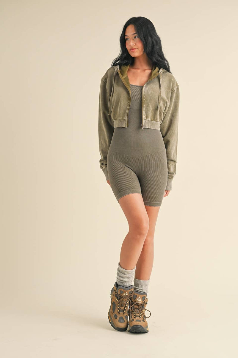 Mineral Wash Crop Hoodie Olive
