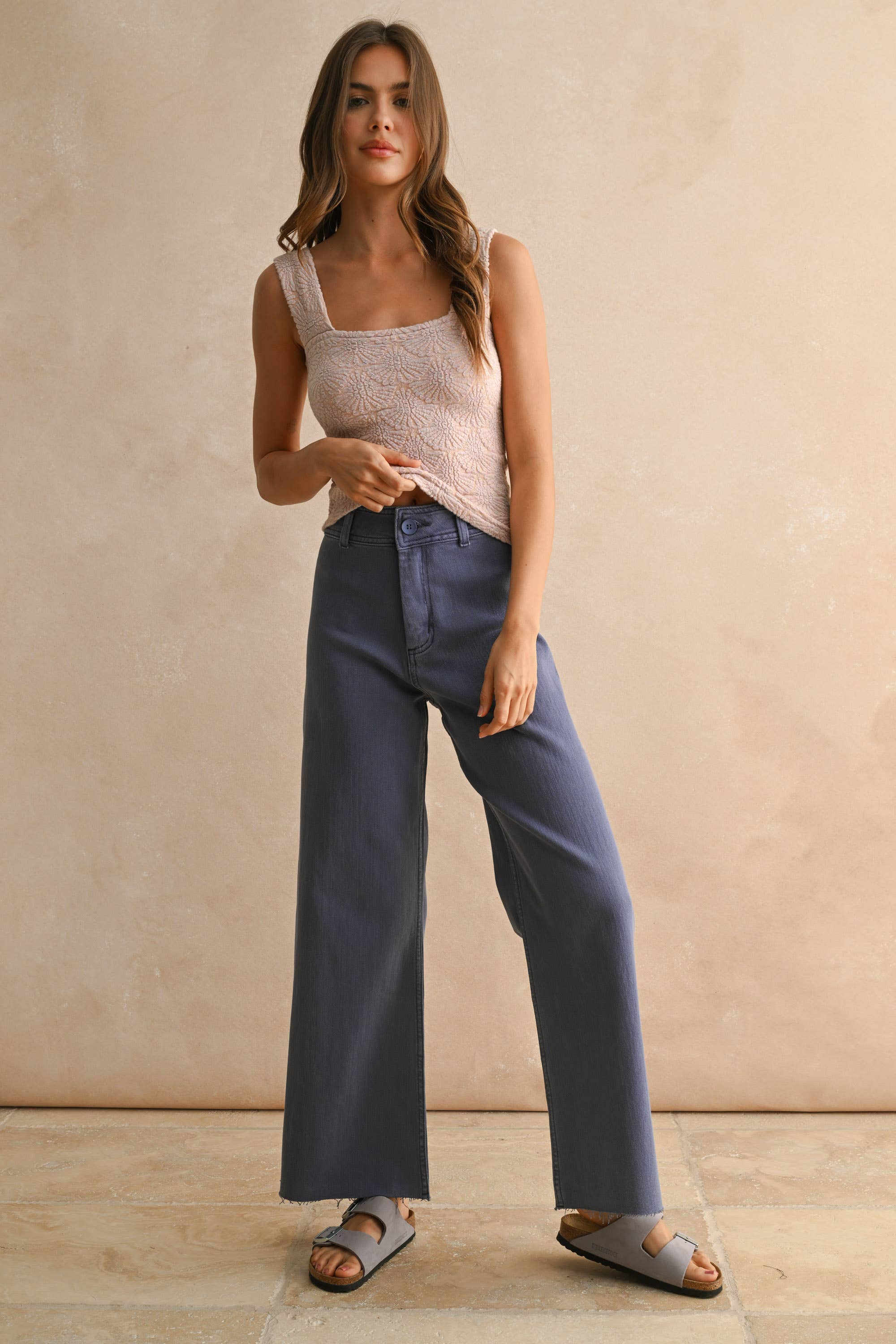 Wide Leg Denim Pants: Dusty Blue