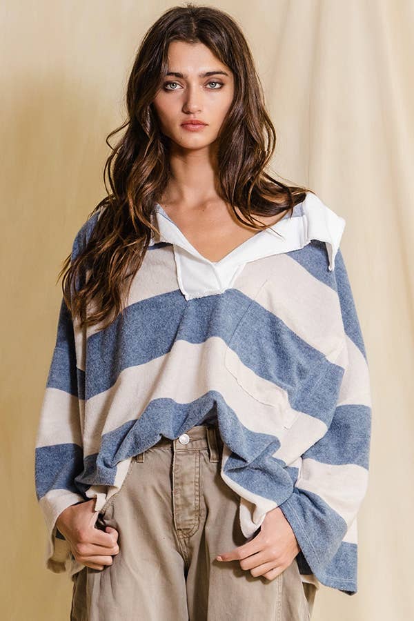 Soft Brush Stripe Top: Denim/Cream