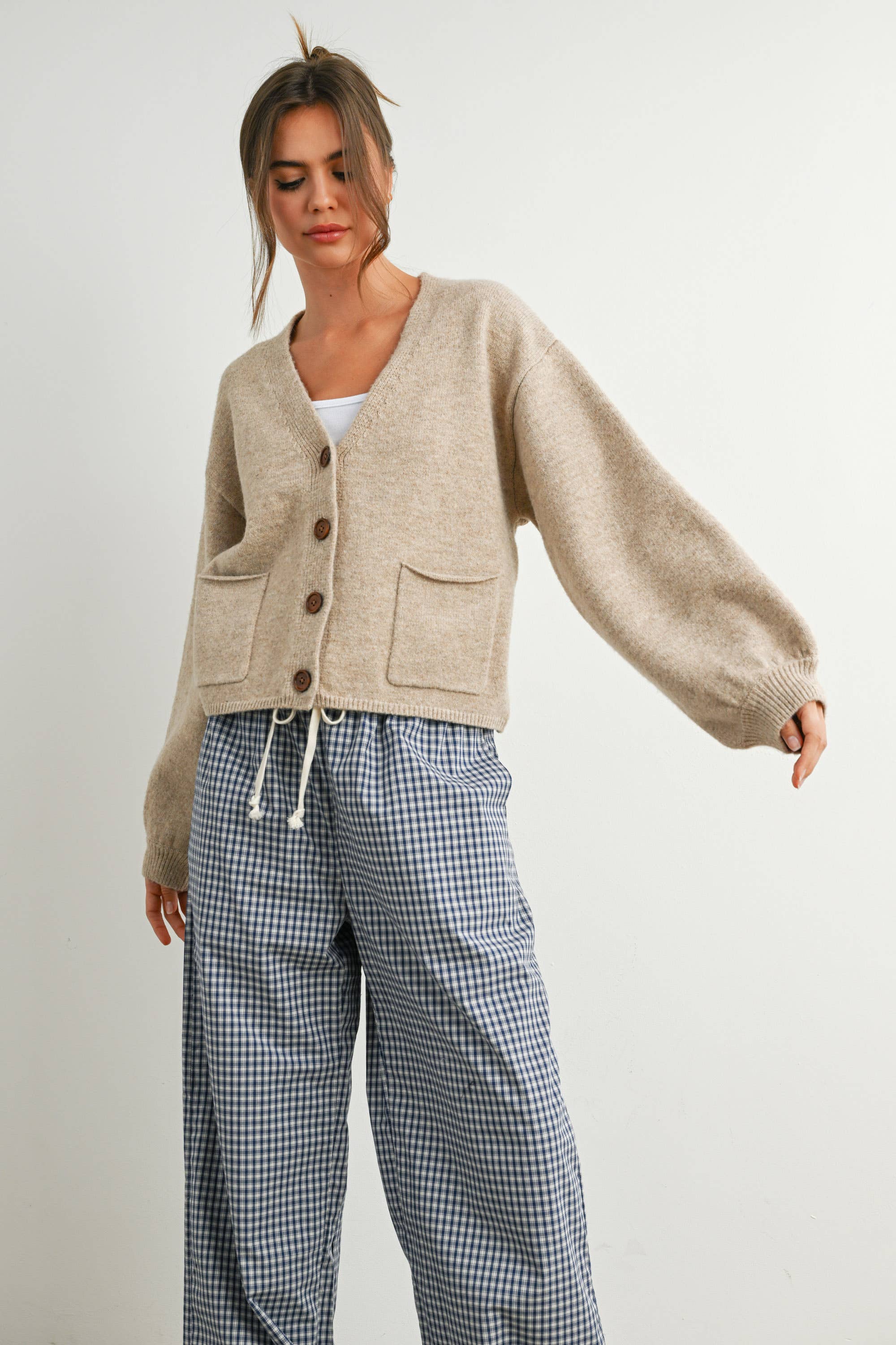 Cuff Button-Up Top: Taupe