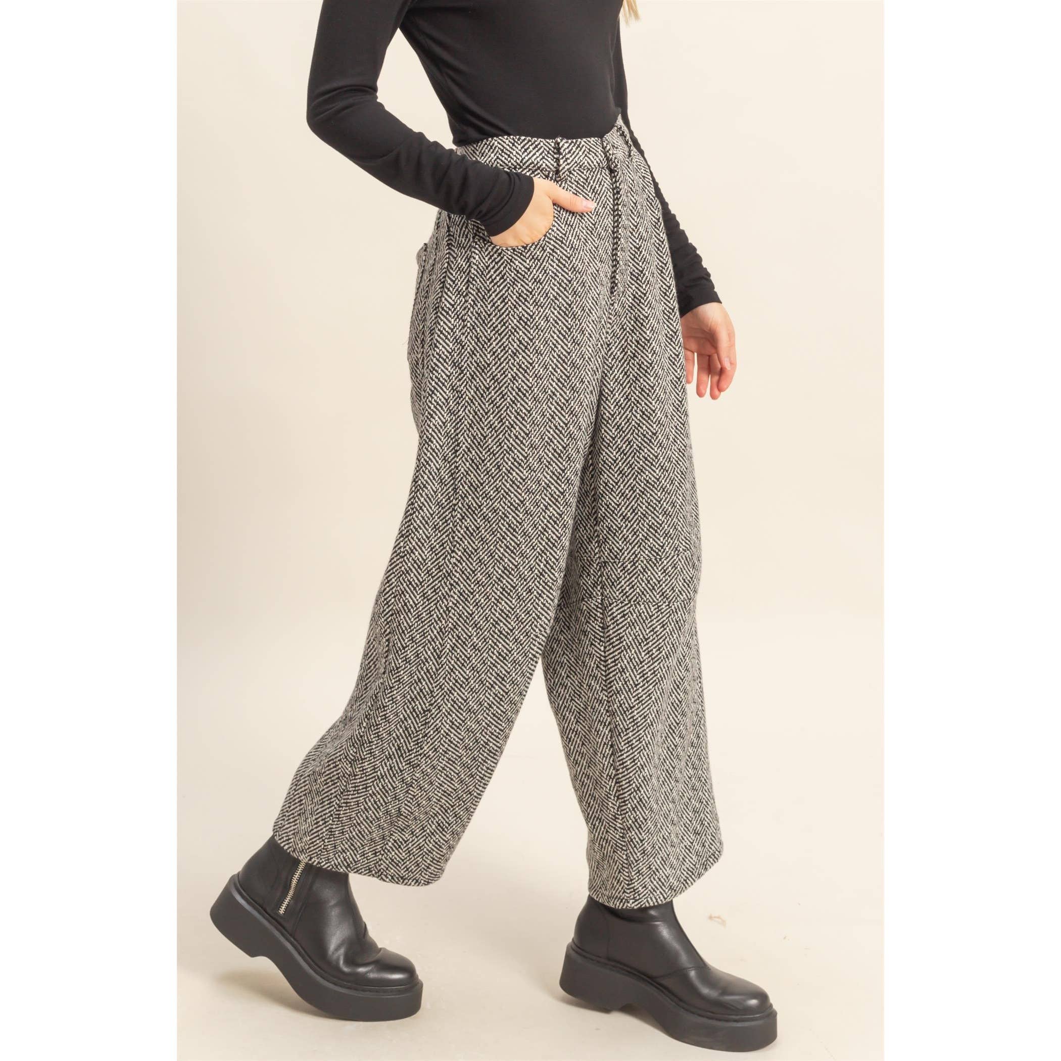 Herringbone Barrel Pants: Black