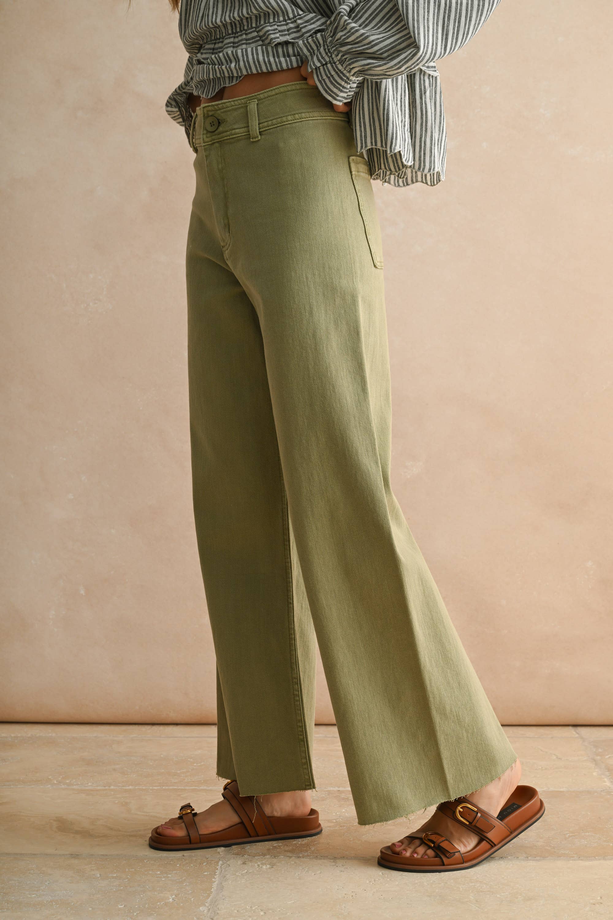 Wide Leg Denim Pants: Dusty Sage