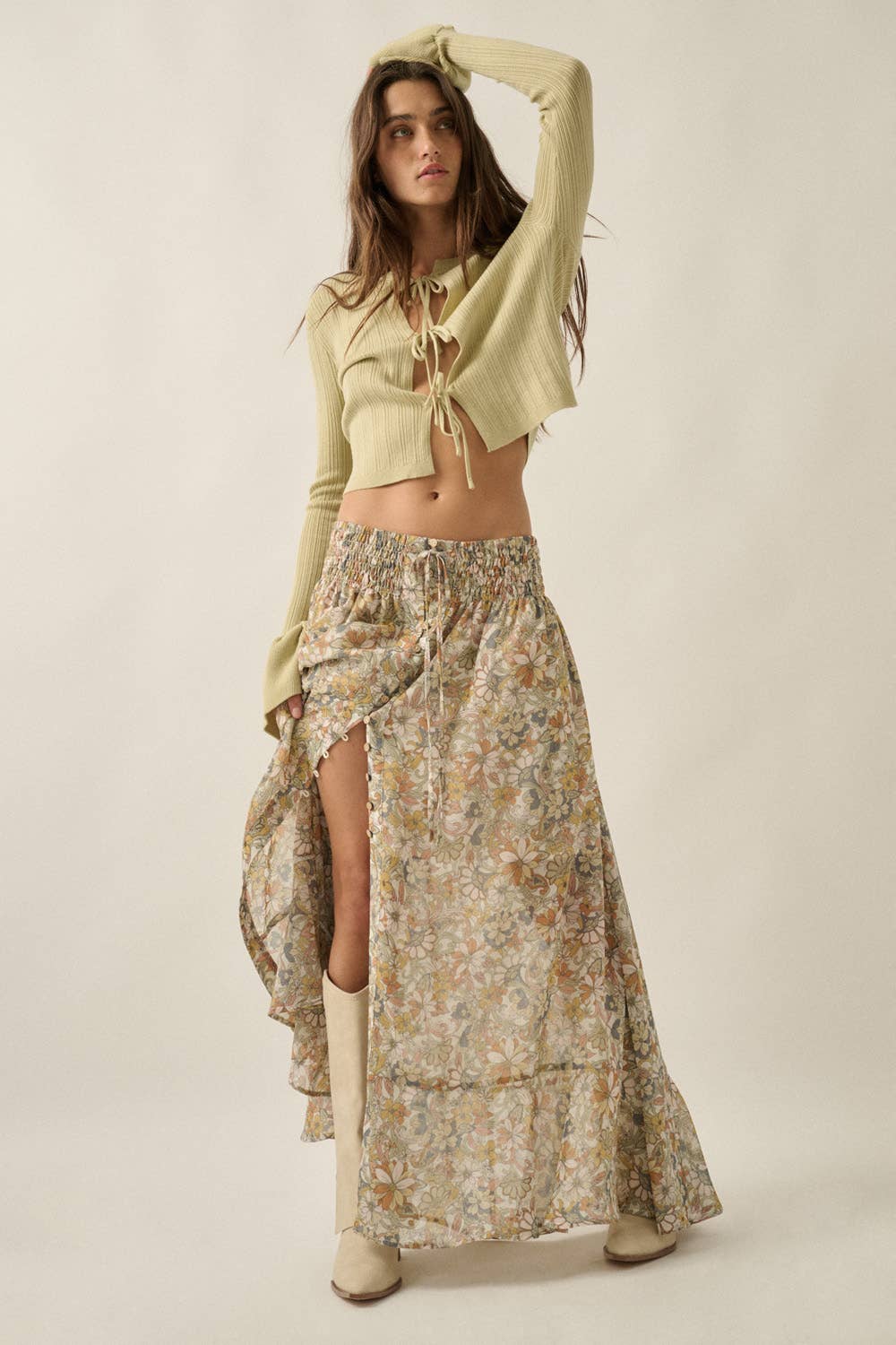 Floral Chiffon Maxi Skirt: Cream