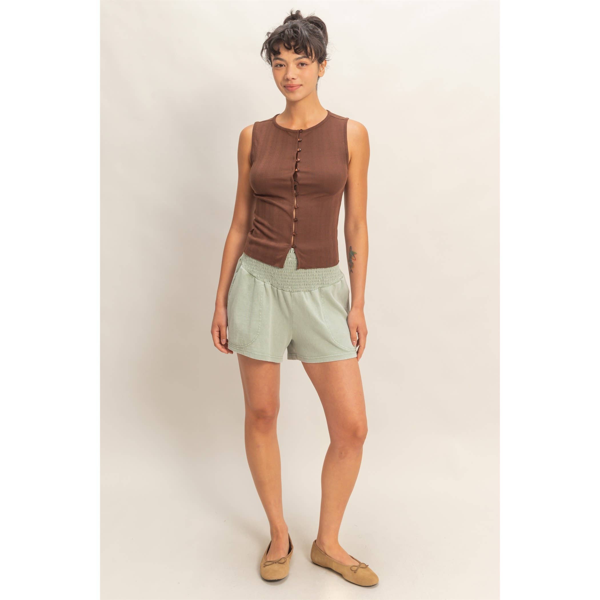 Pointelle Button Front Top: Chocolate