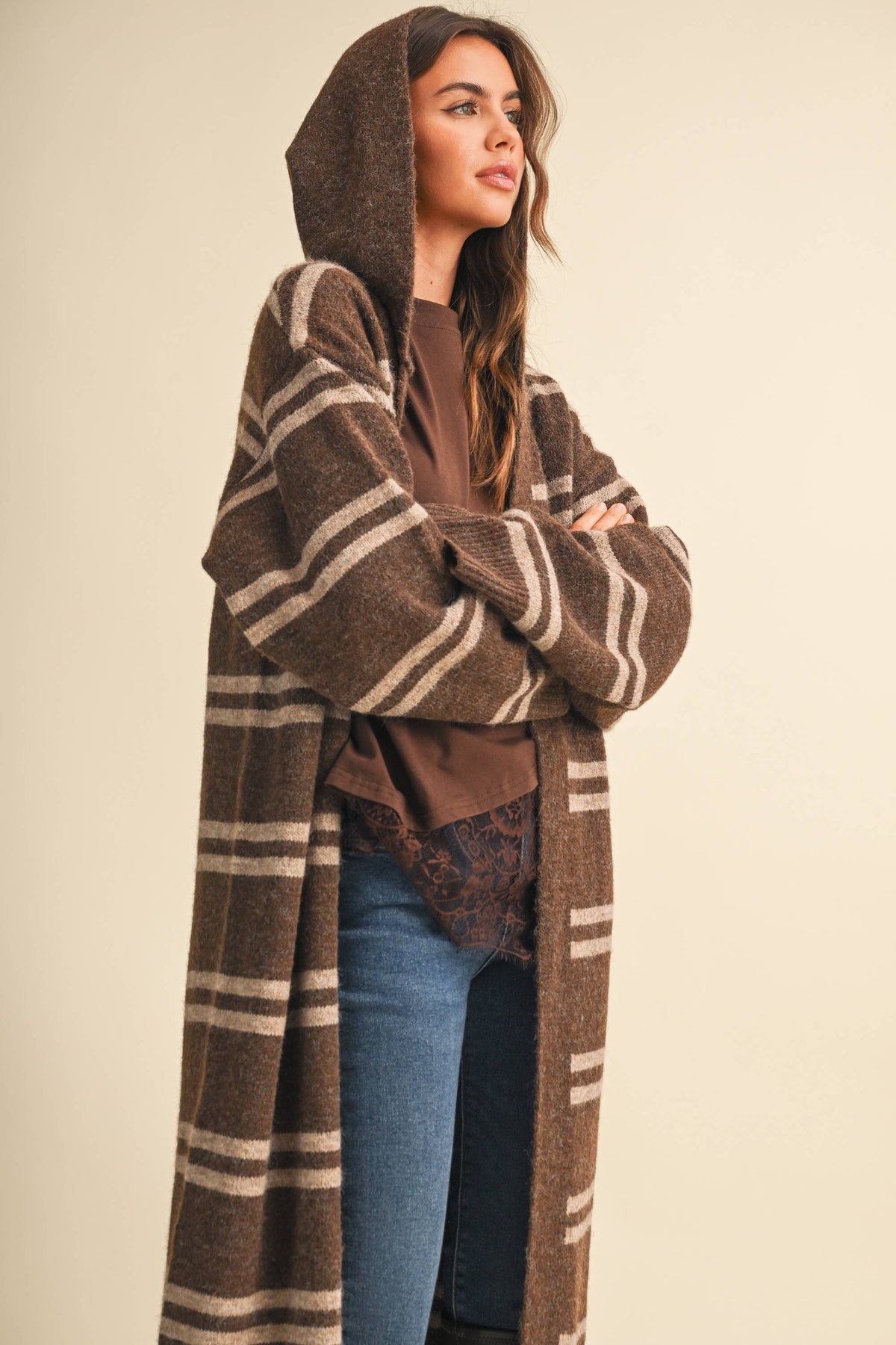 Striped Long Sweater Cardigan: Brown