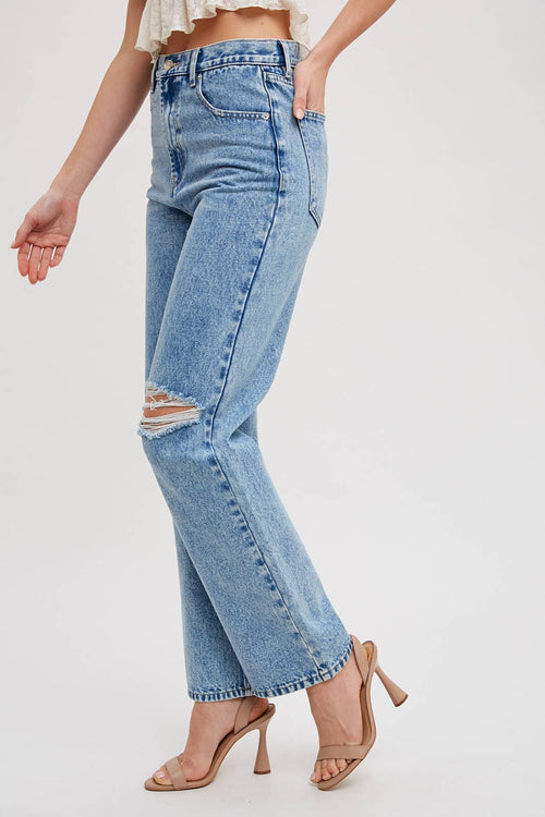 HIGH RISE DISTRESSED DENIM JEANS