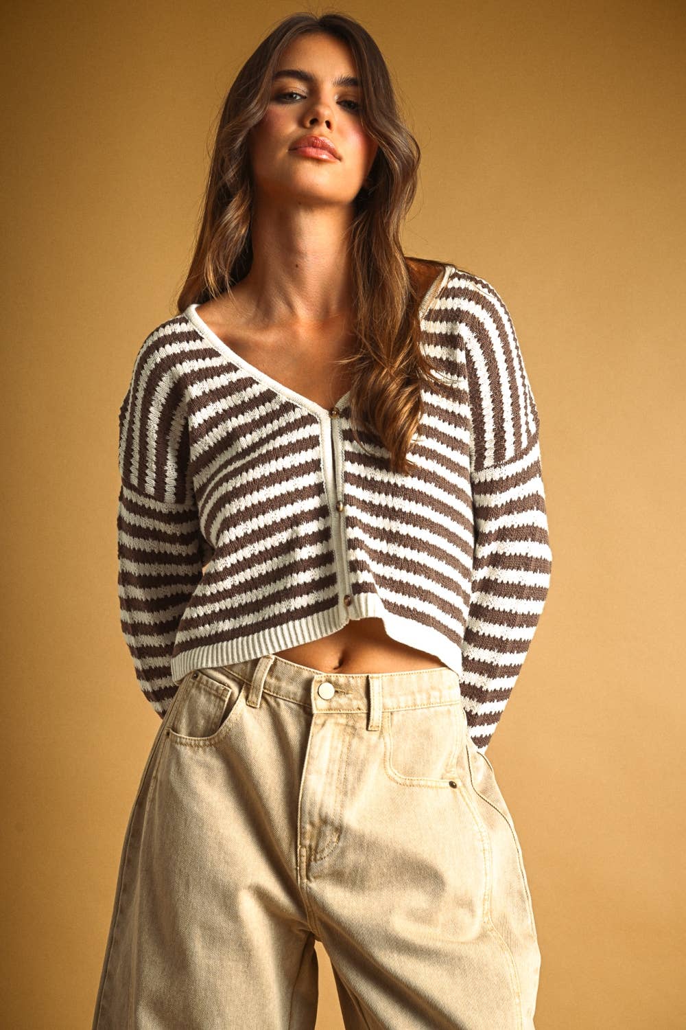 Crochet Knitted Cardigan: Brown/Cream