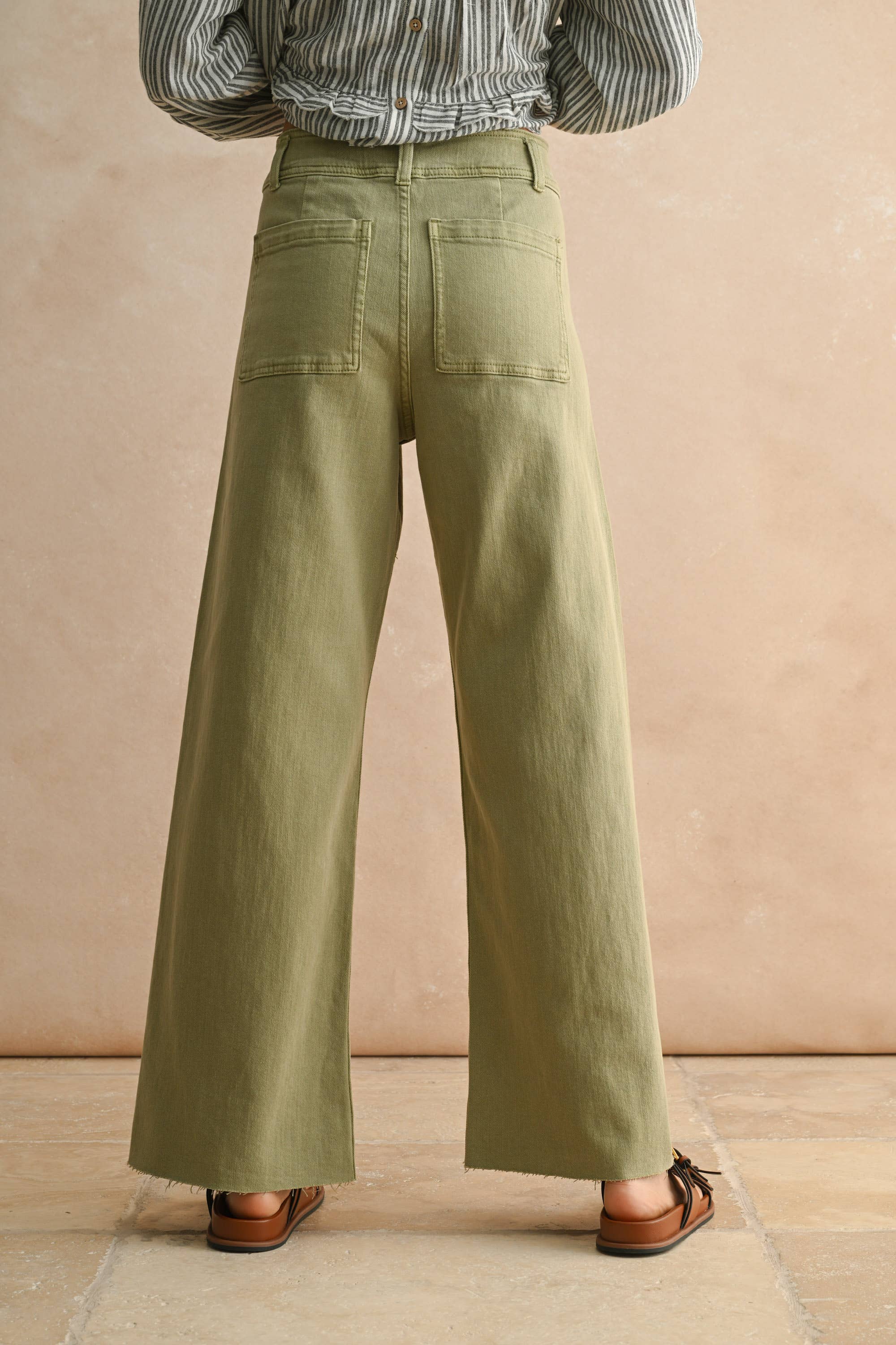 Wide Leg Denim Pants: Dusty Sage