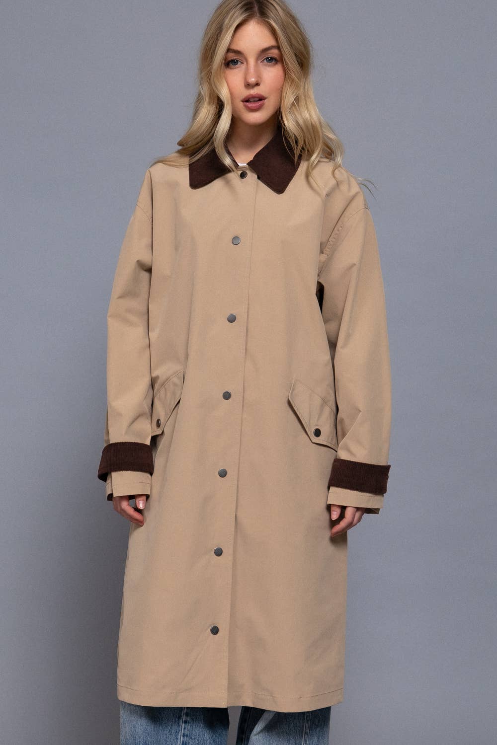 Contrast Collar Trench Coat: Khaki
