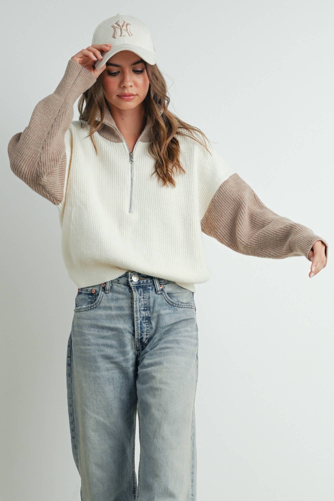 Color Block Pullover-Ivory/Taupe