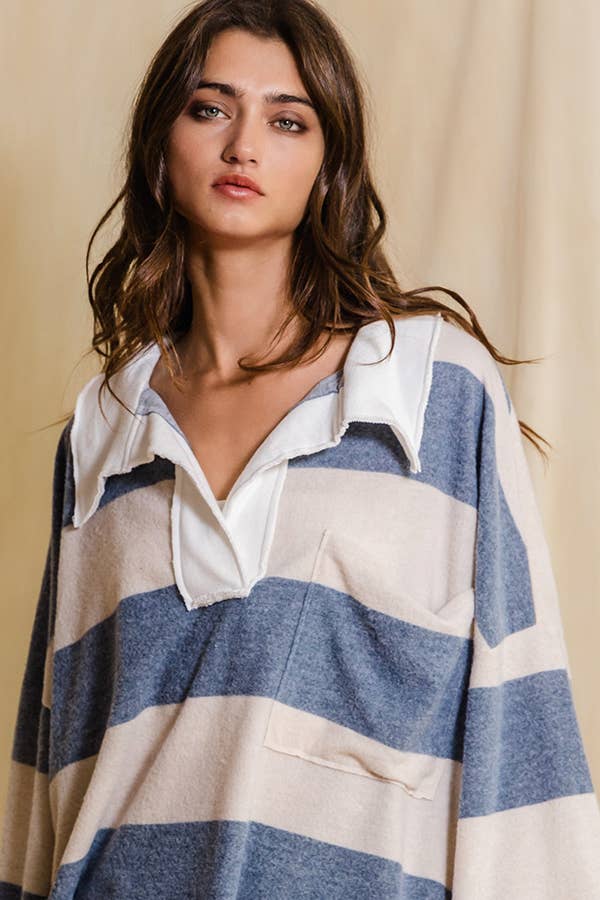 Soft Brush Stripe Top: Denim/Cream