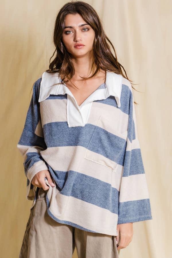 Soft Brush Stripe Top: Denim/Cream