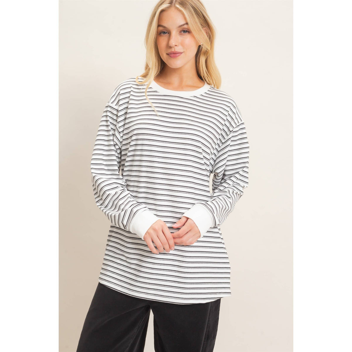 Striped Crew Neck Top: White