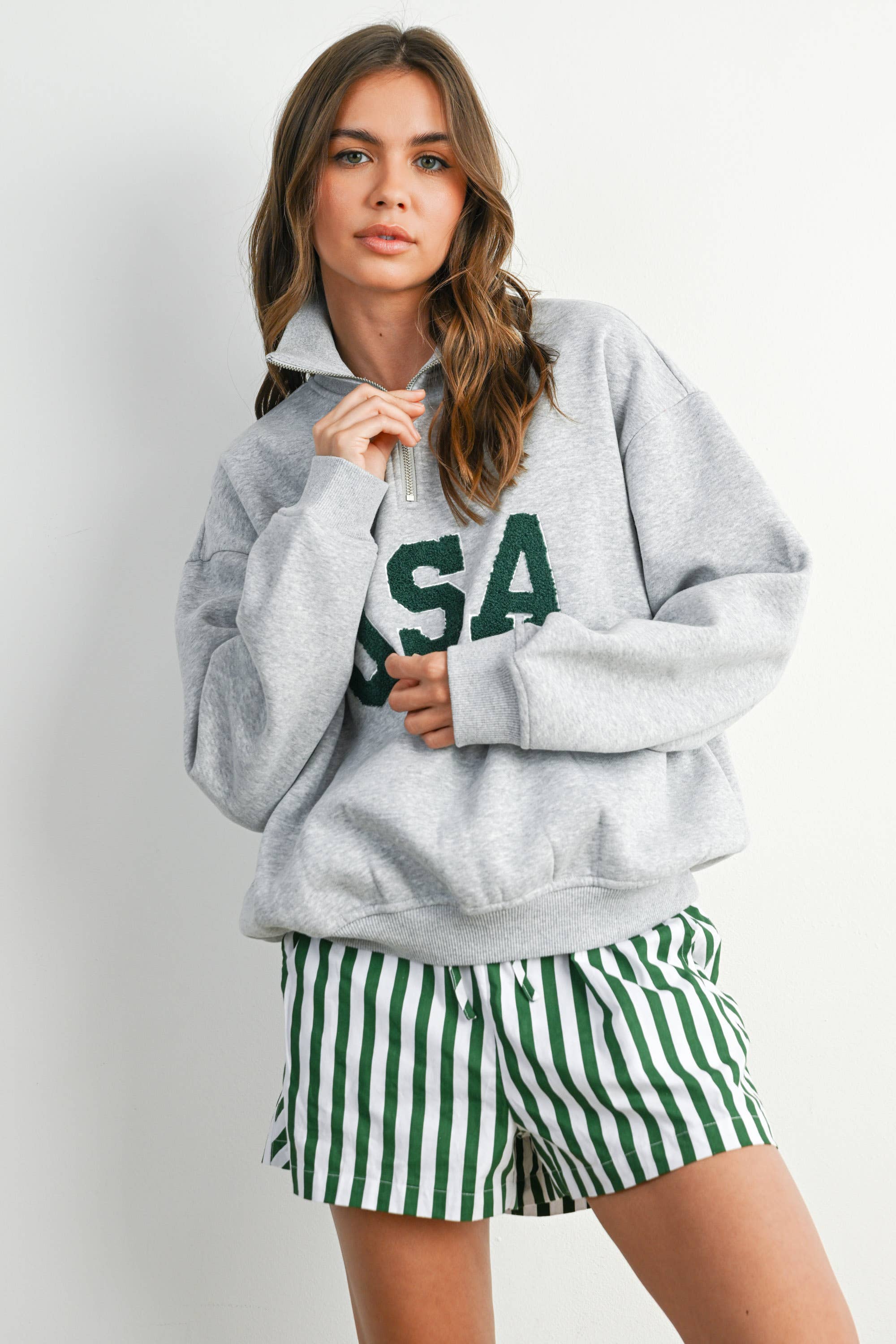 USA Quarter Zip Top: Grey