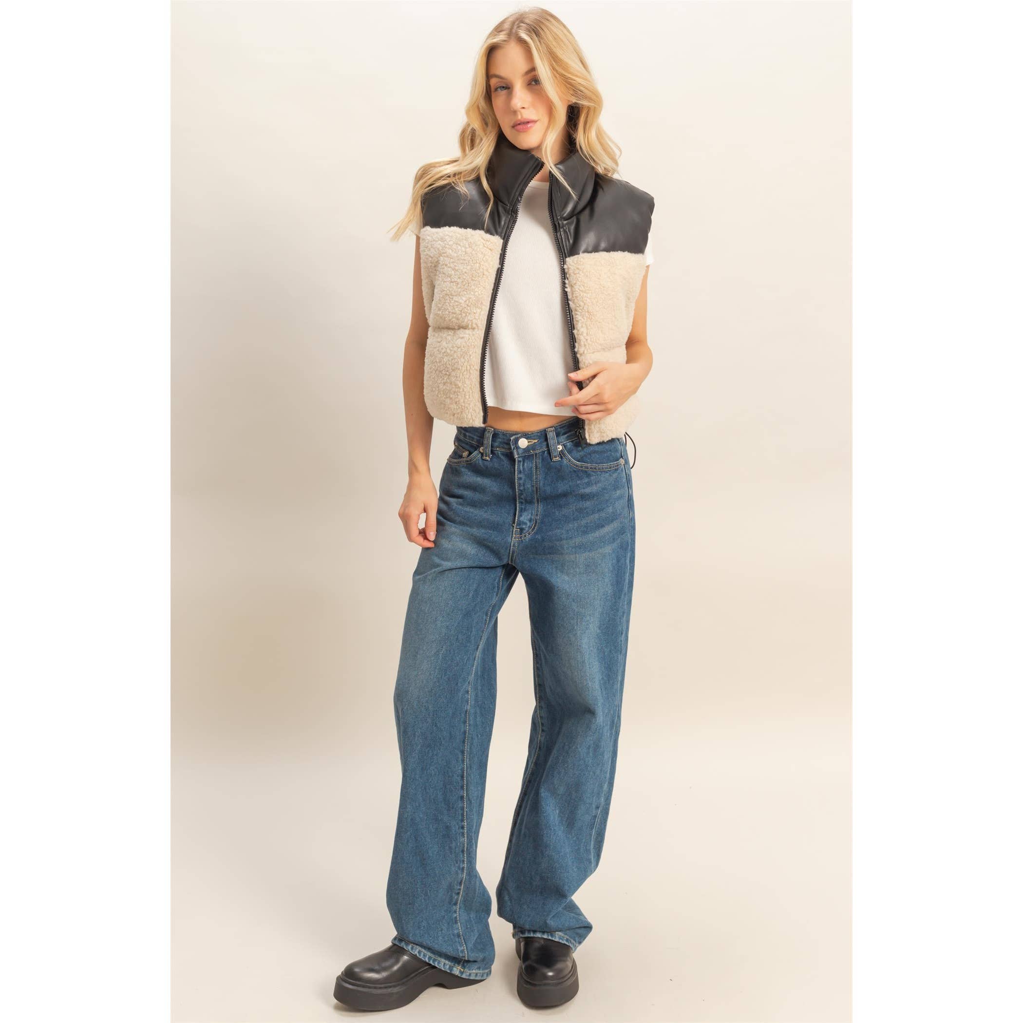 Sherpa Pu Puffer Vest: Cream