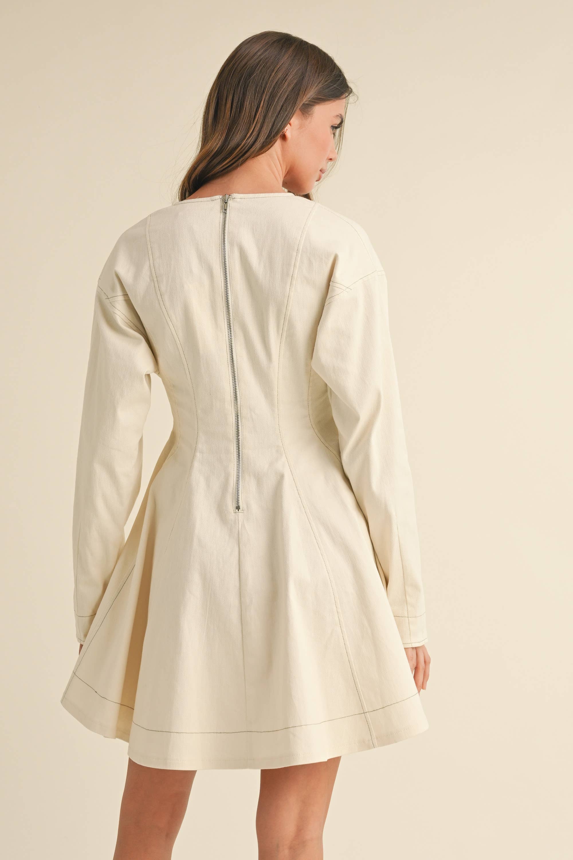 Flared Denim Mini Dress: Cream