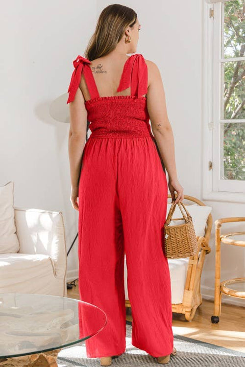 Bodice Smocked Jumpsuit:Coral