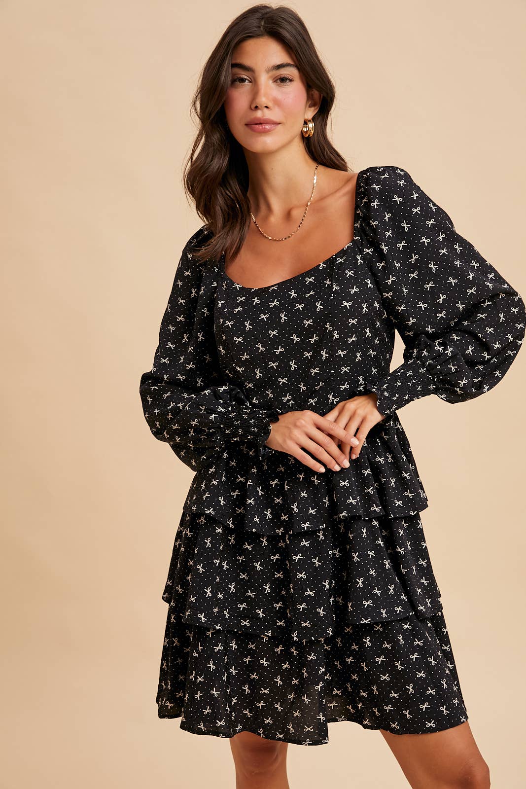 Long Sleeve Tiered Mini Dress:Black