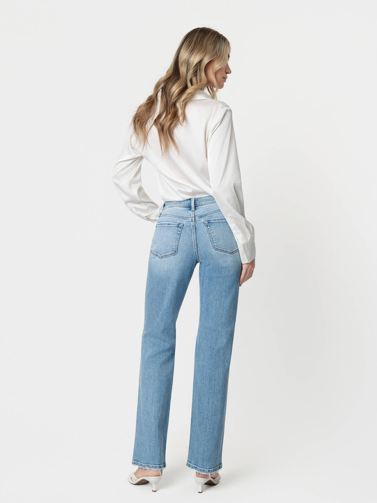 Light Distressed Slim Wide Leg Jeans