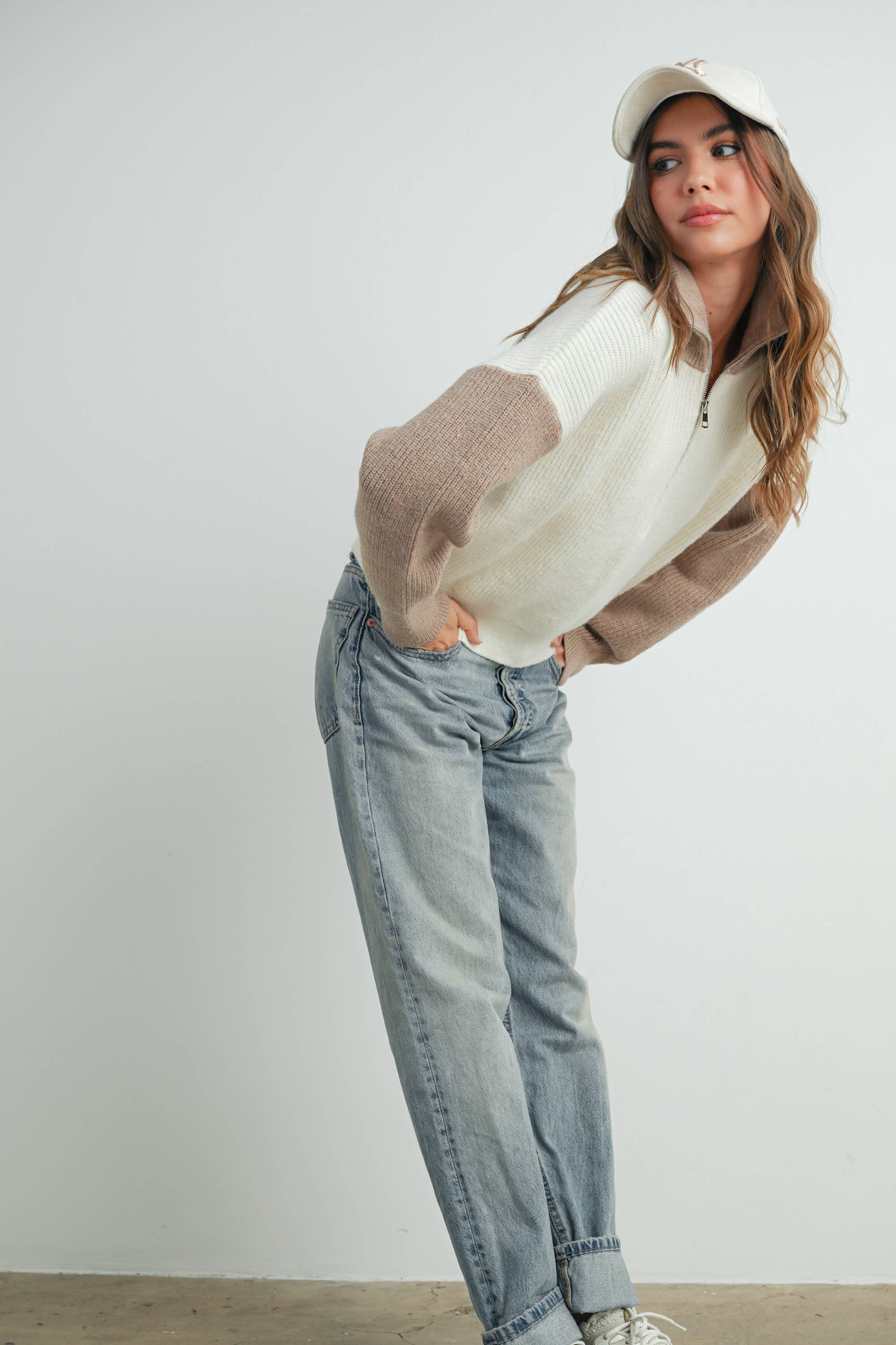 Color Block Pullover-Ivory/Taupe