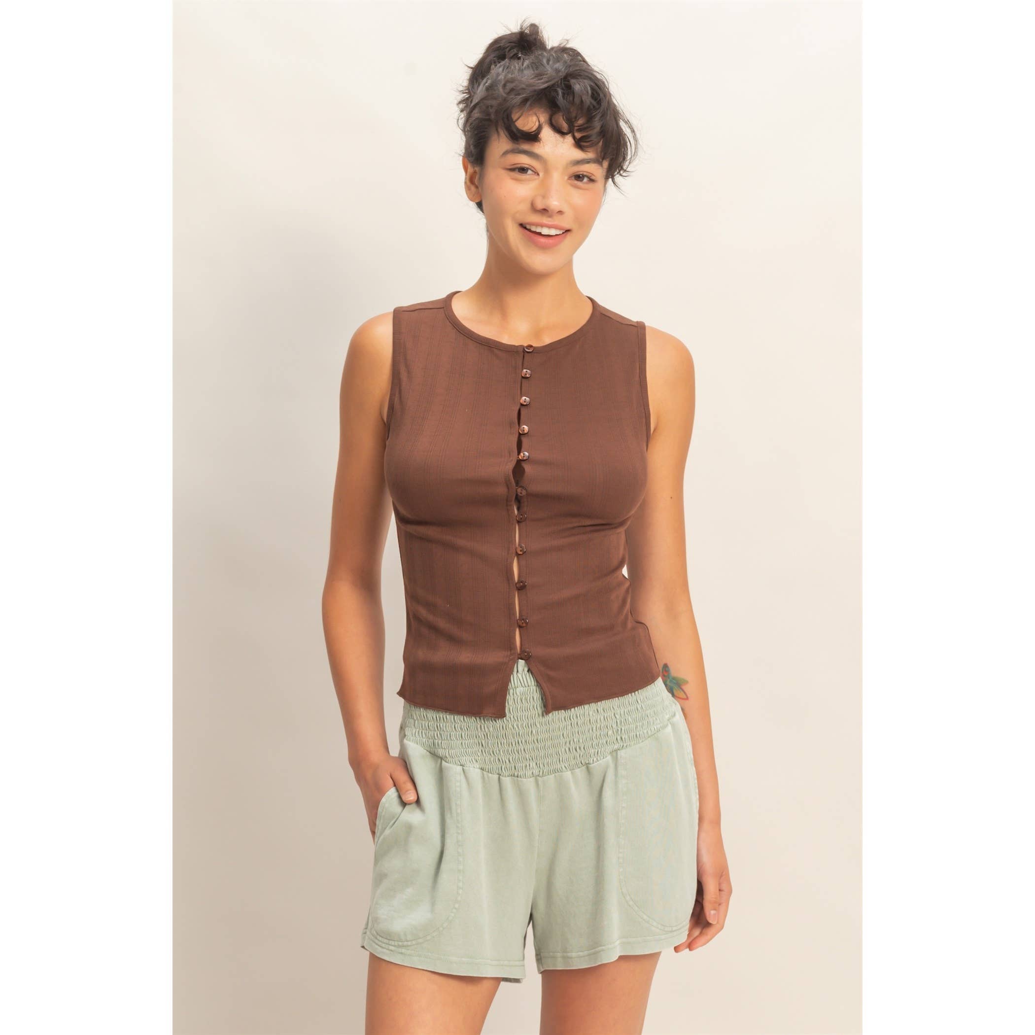 Pointelle Button Front Top: Chocolate