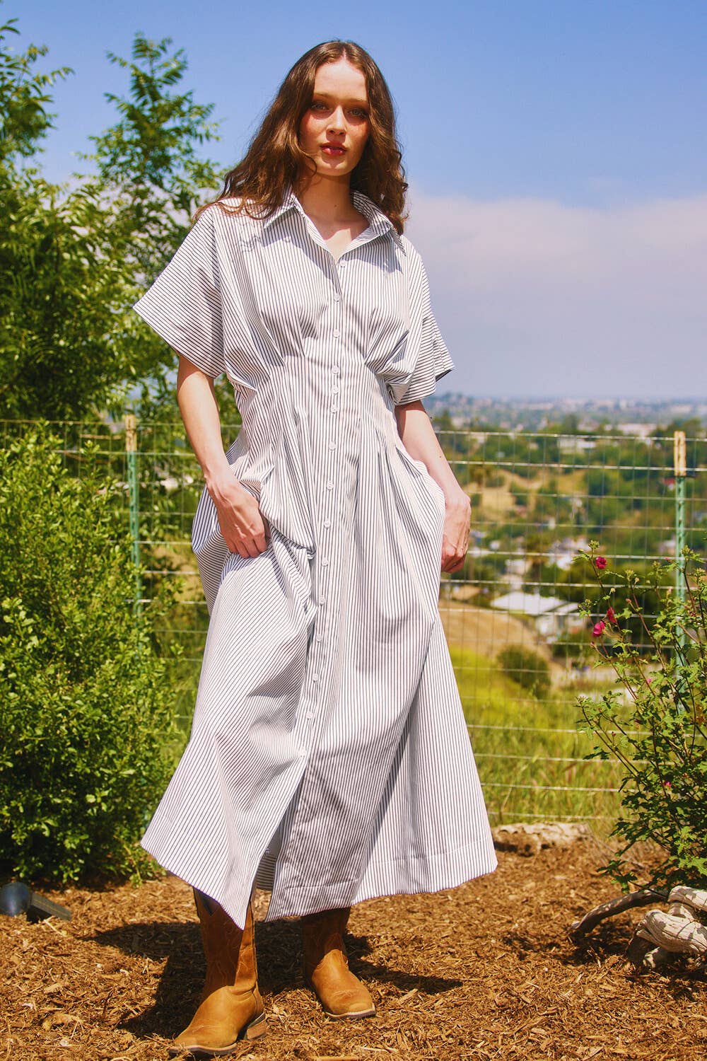 Pin-stripe Midi Dress:Ivory/Black